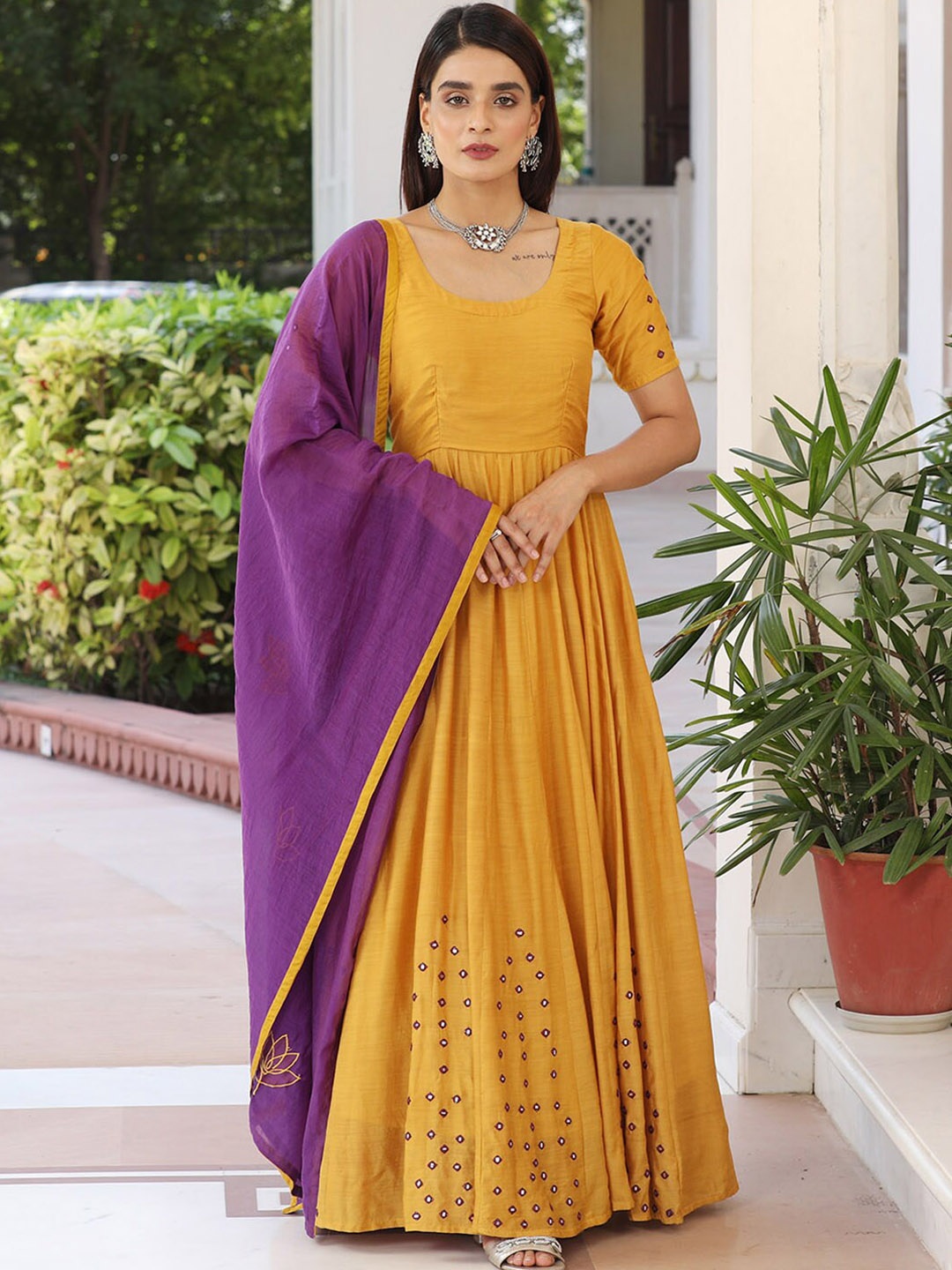 

Ambraee Geometric Embroidered Mirror Work Cotton Silk Anarkali Kurta, Mustard