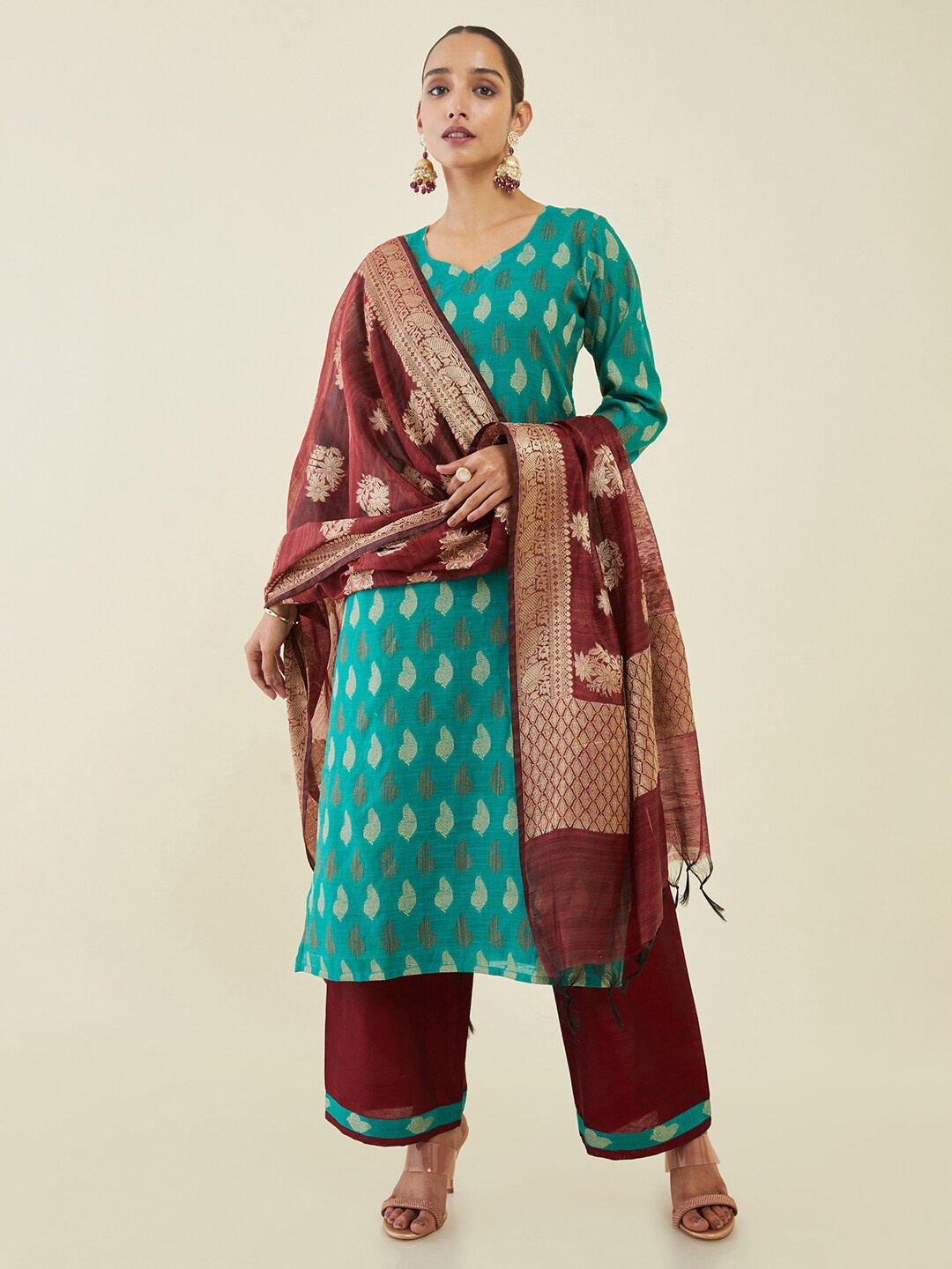 

Soch Printed Unstitched Dress Material, Teal