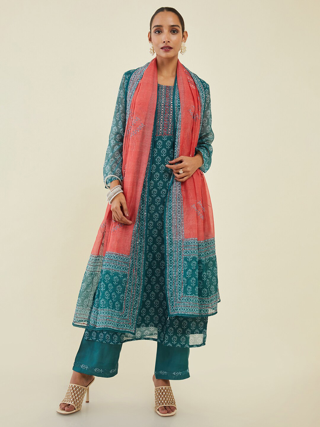 

Soch Printed Unstitched Dress Material, Teal