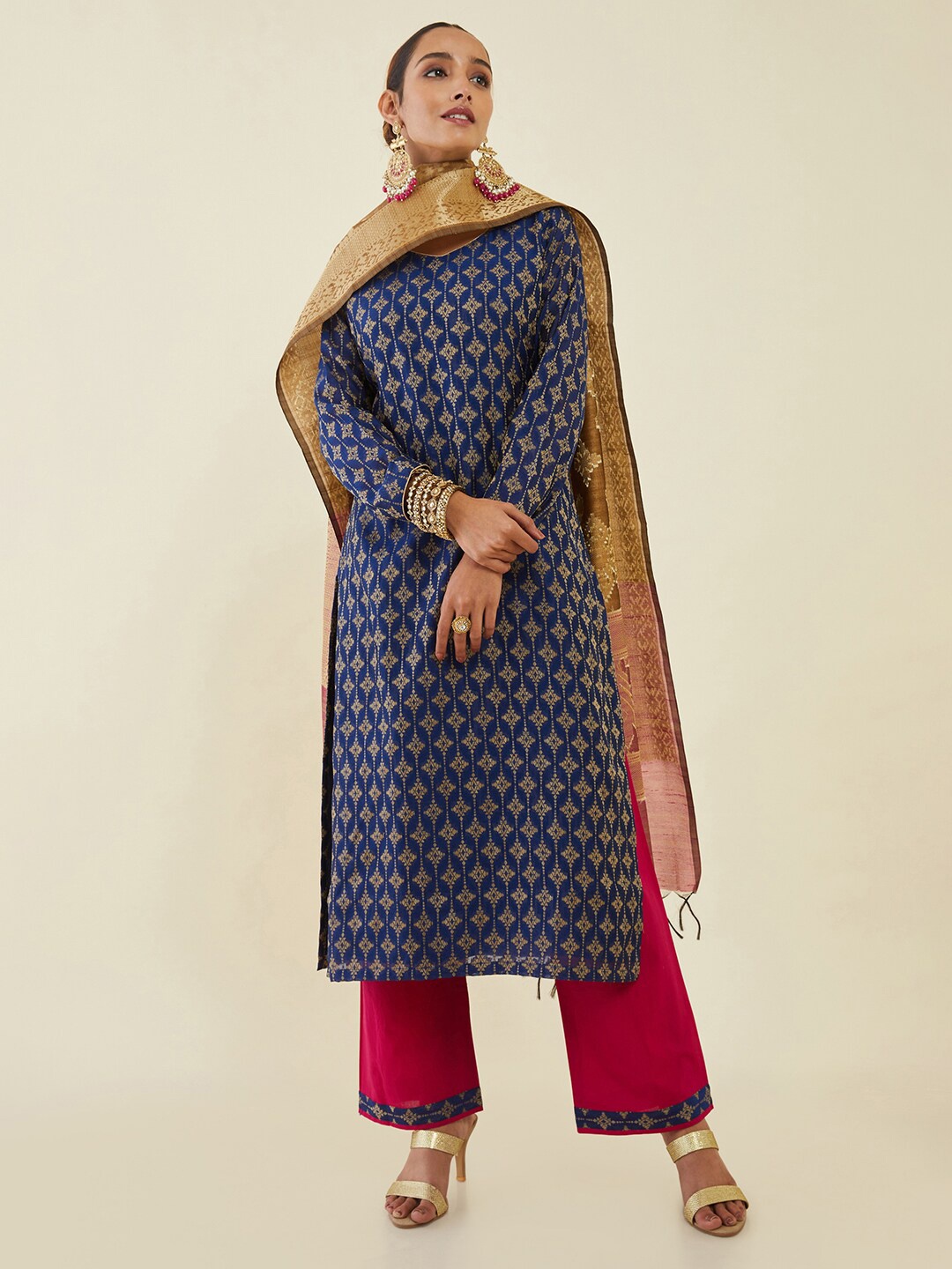 

Soch Printed Unstitched Dress Material, Navy blue