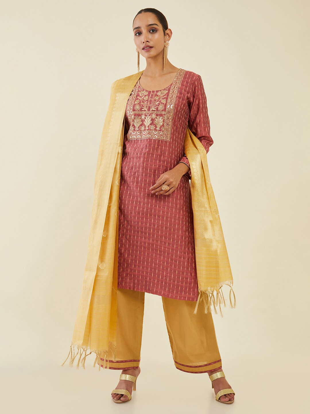 

Soch Embroidered Art Silk Unstitched Dress Material, Coral