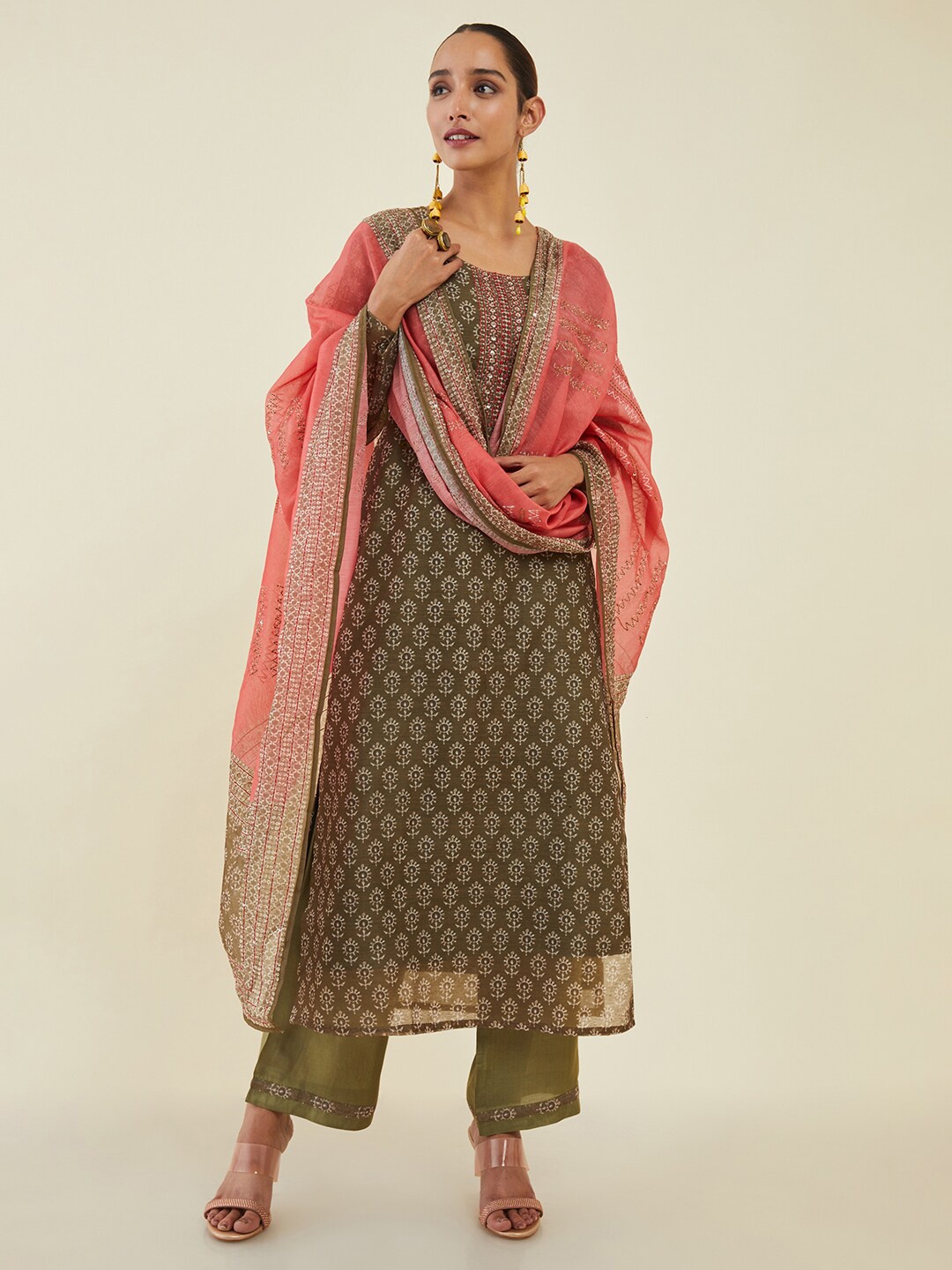 

Soch Printed Unstitched Dress Material, Olive