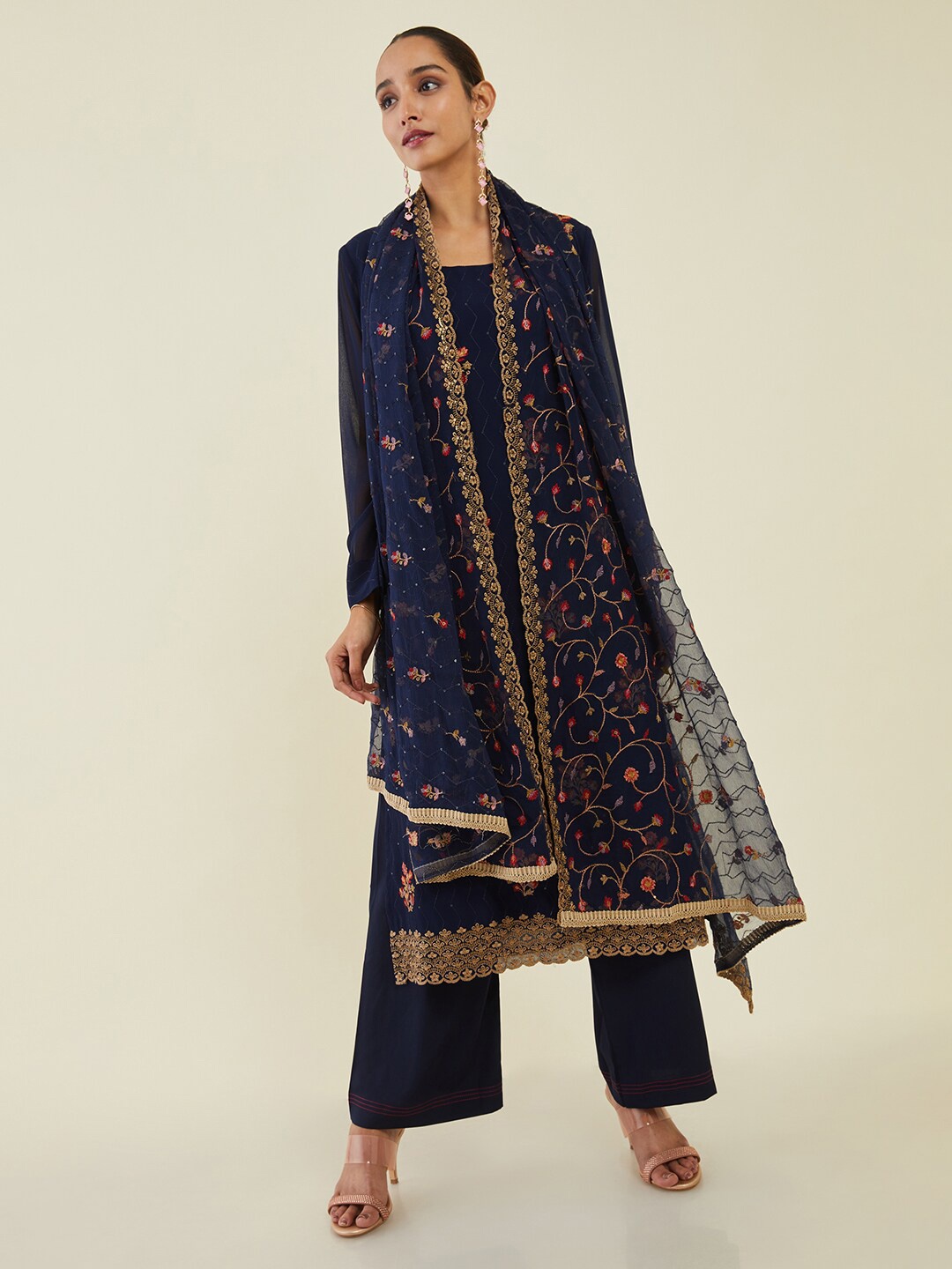 

Soch Printed Unstitched Dress Material, Navy blue