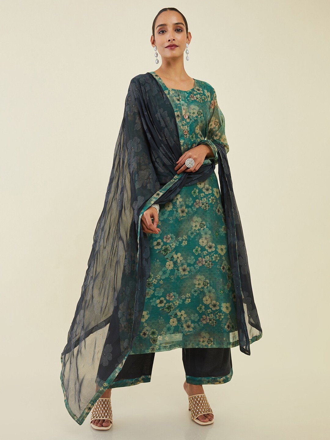 

Soch Printed Unstitched Dress Material, Teal