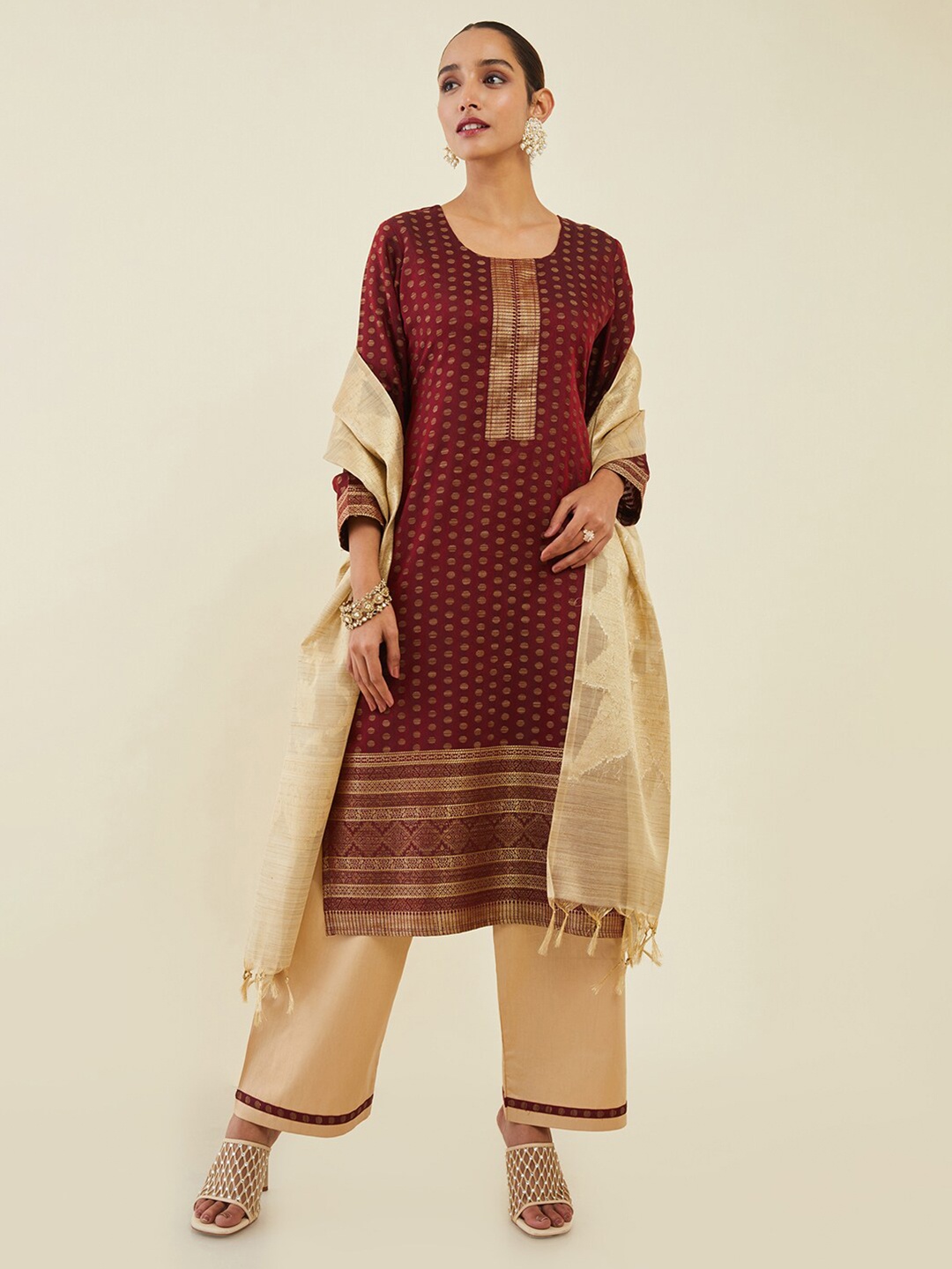 

Soch Printed Unstitched Dress Material, Maroon