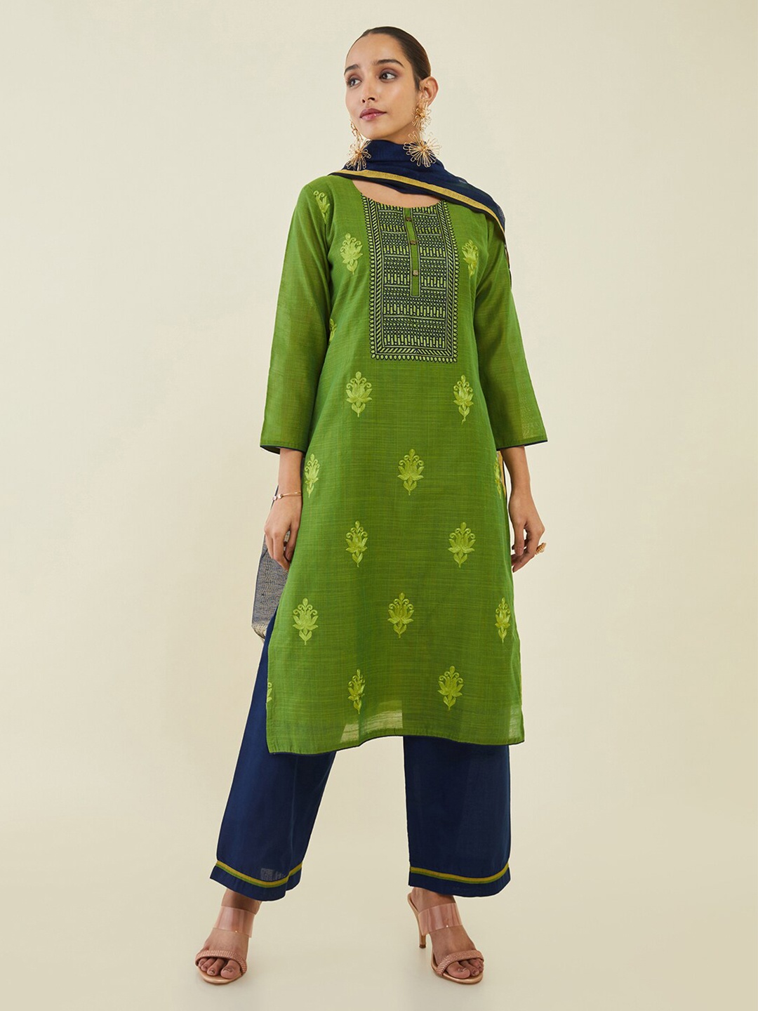 

Soch Printed Art Silk Unstitched Dress Material, Green