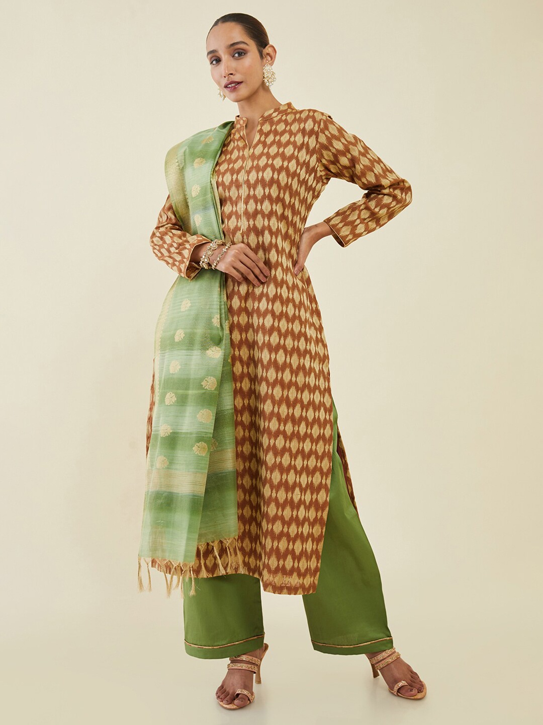 

Soch Brown & Green Printed Unstitched Dress Material