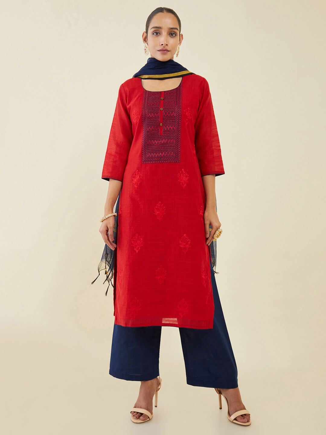 

Soch Printed Art Silk Unstitched Dress Material, Red