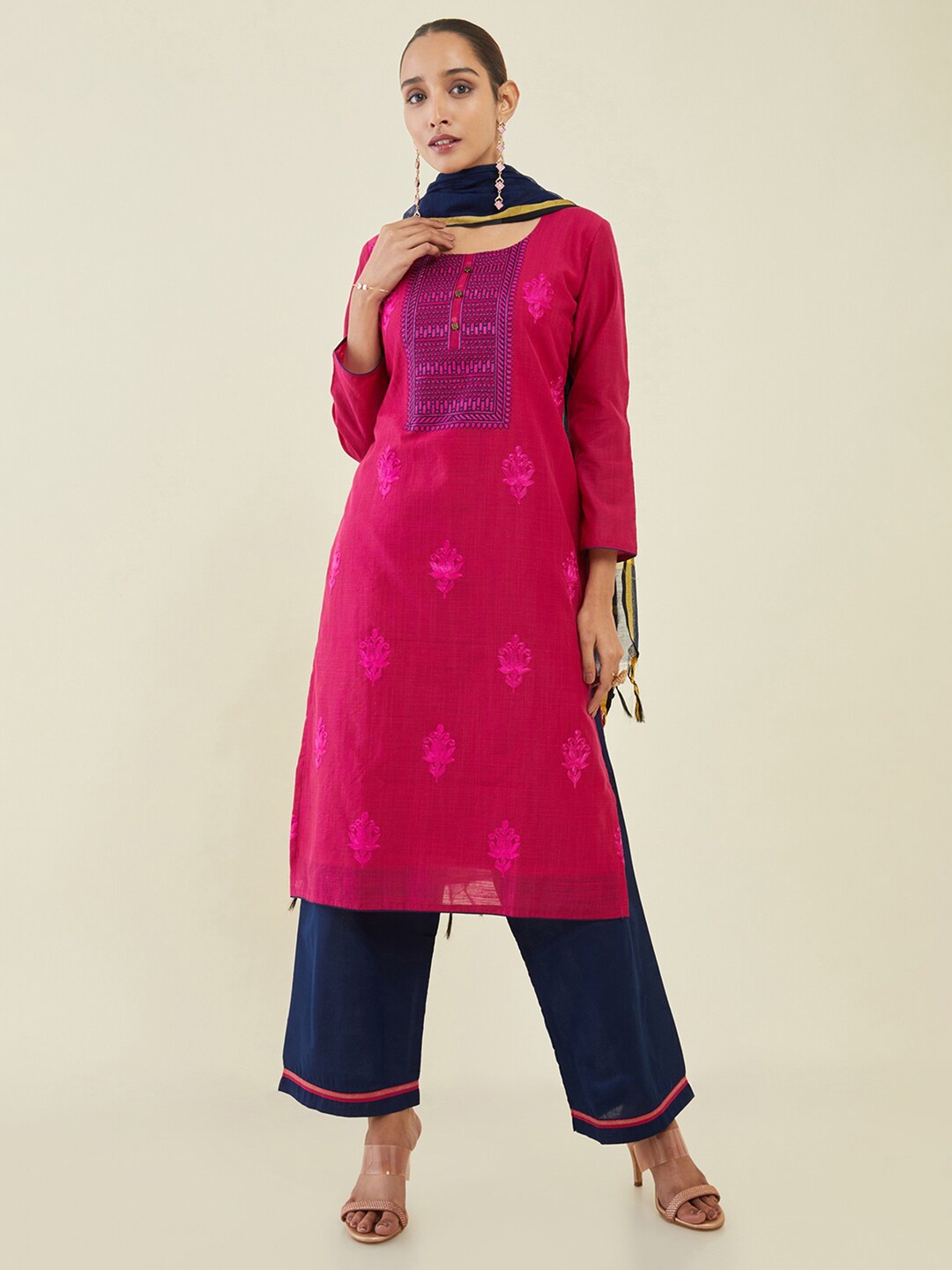 

Soch Printed Art Silk Unstitched Dress Material, Fuchsia