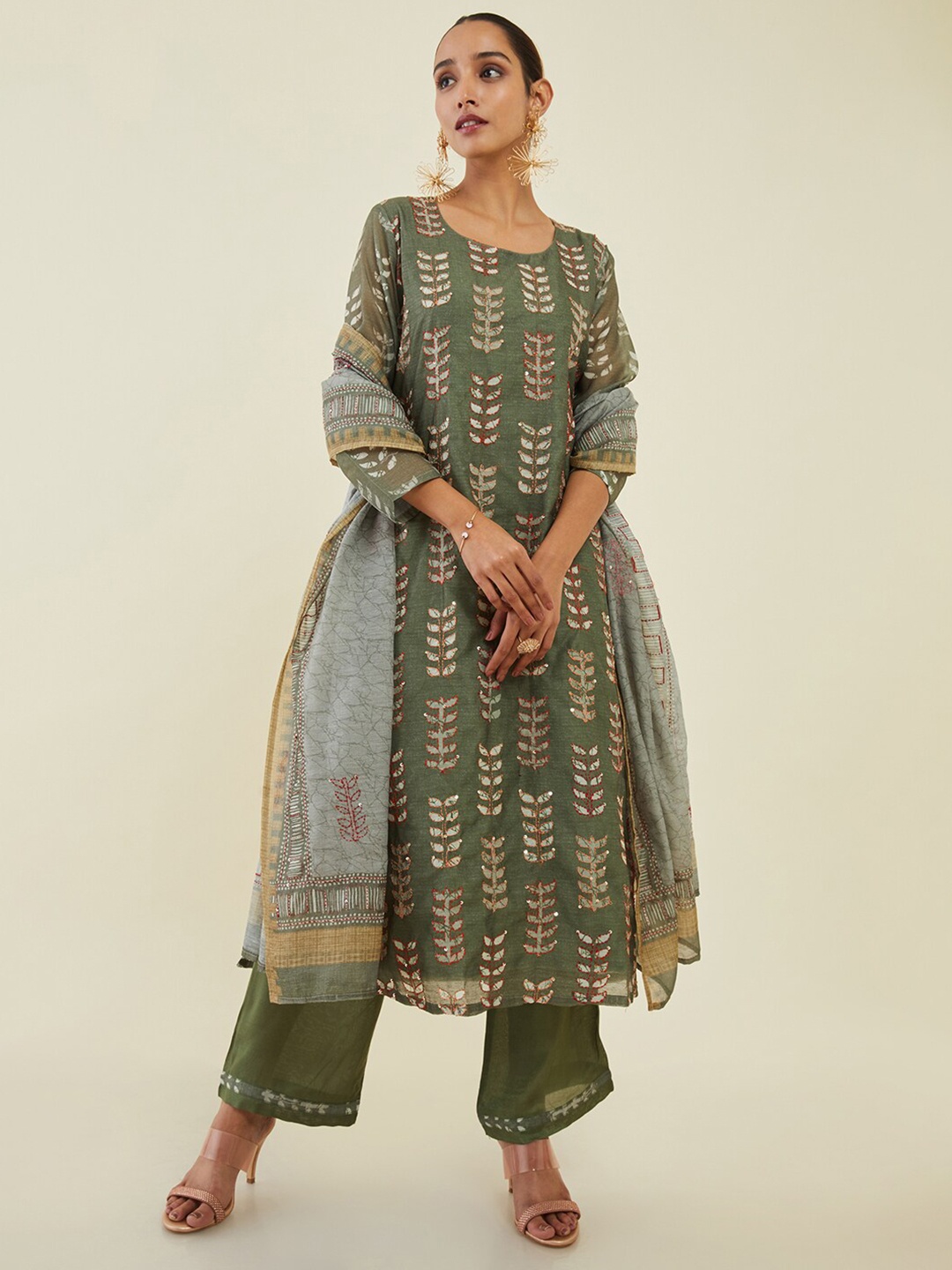 

Soch Printed Unstitched Dress Material, Olive