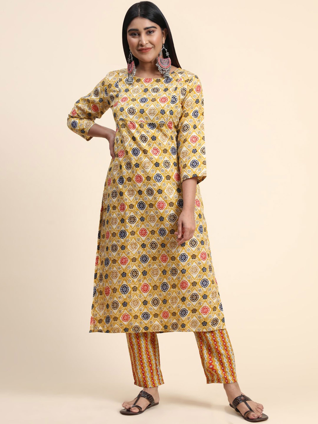 

KALINI Ethnic Motifs Printed Round Neck Kurta with Trousers, Yellow