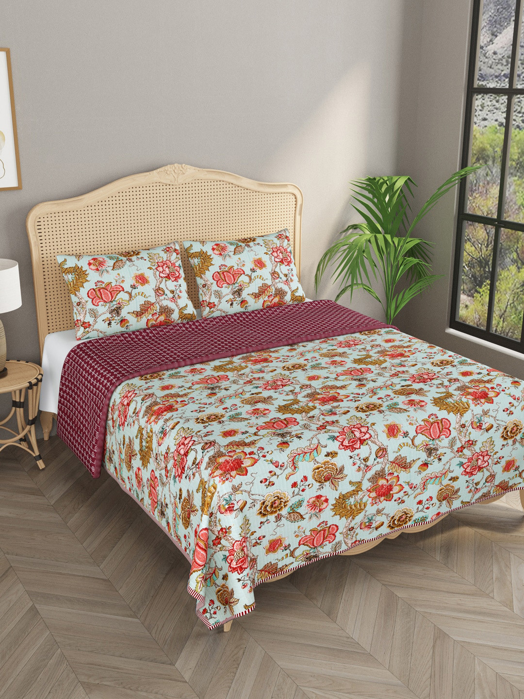 

Gulaab Jaipur Blue & Pink Floral Printed Cotton Double King Bedsheet With 2 Pillow Covers