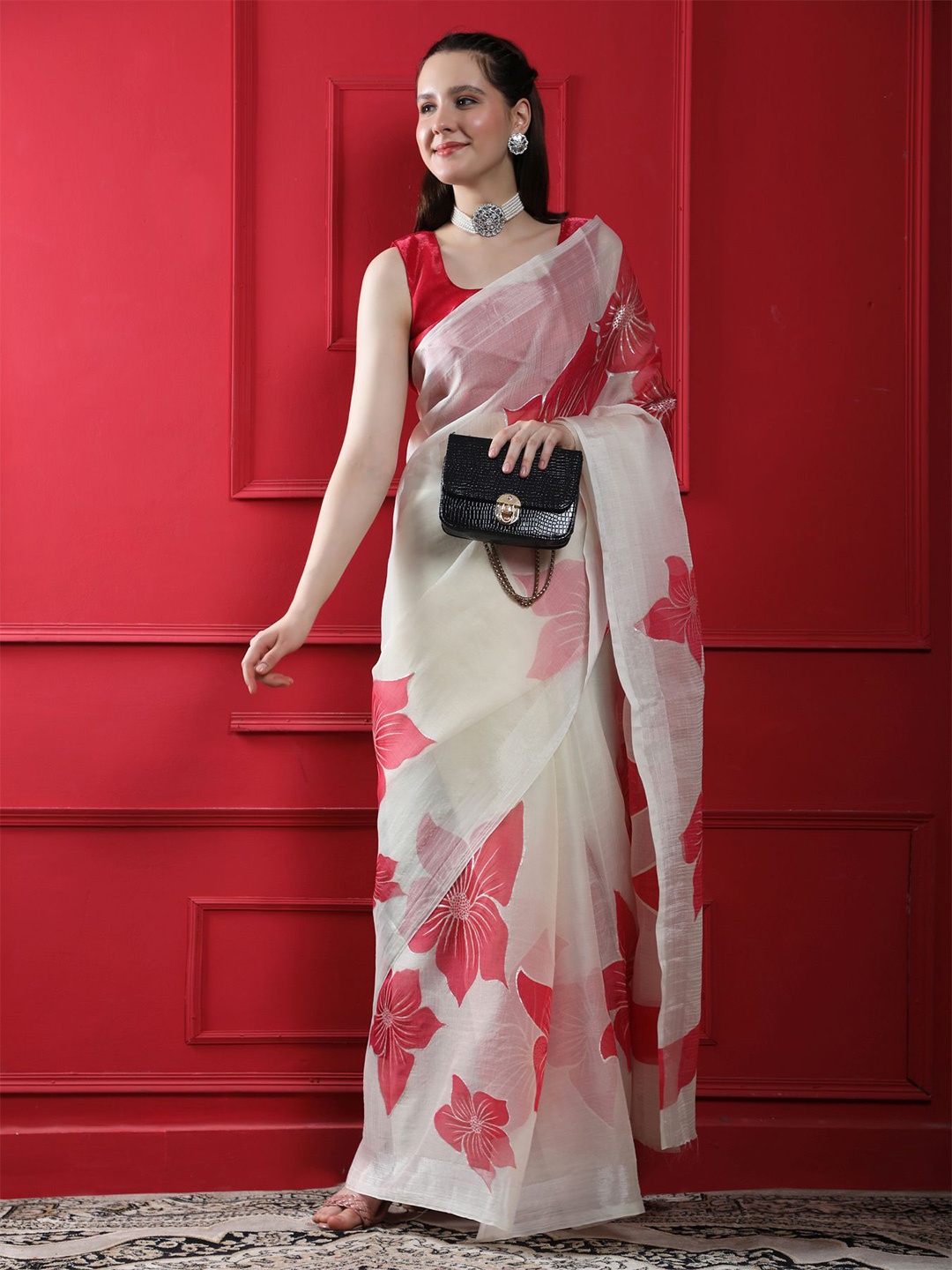 

AVANSHEE Floral Organza Saree, White