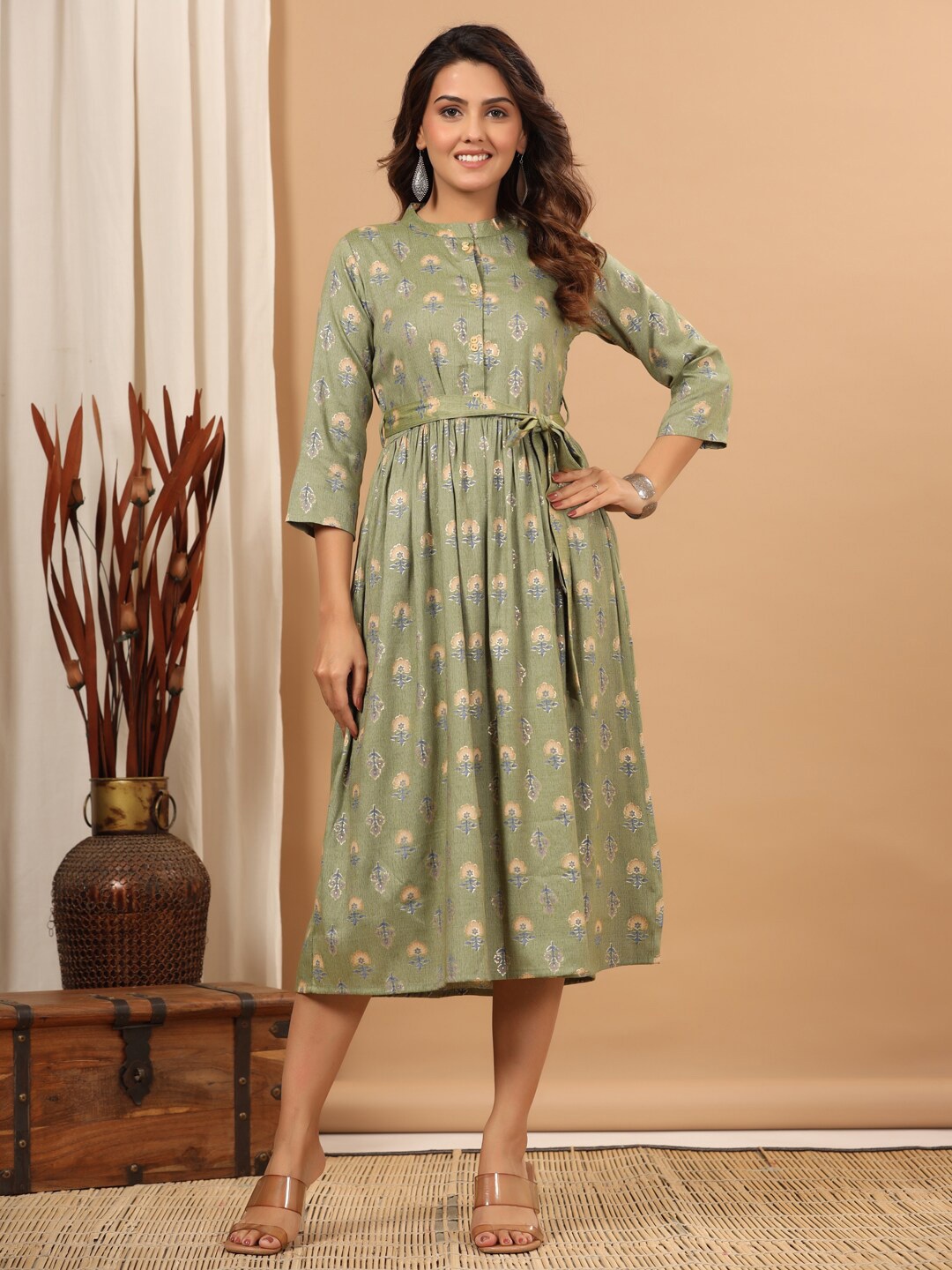 

ETHNIC STREET Floral Printed Midi Dress, Green