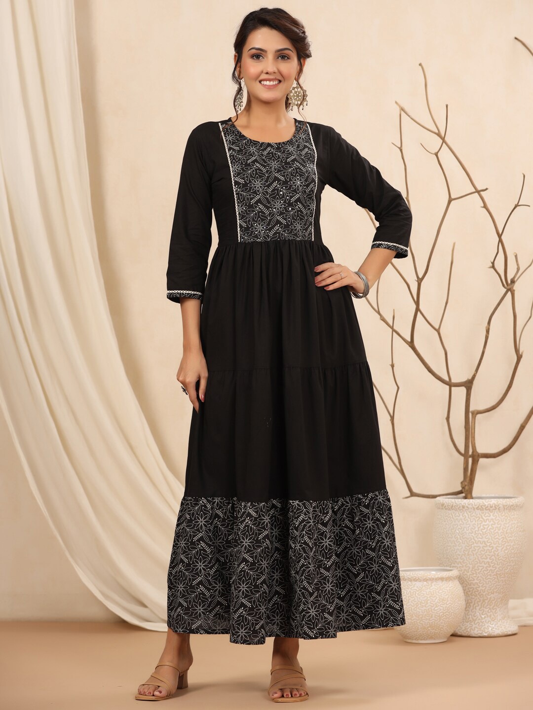 

ETHNIC STREET Ethnic Motifs Cotton Maxi Dress, Black