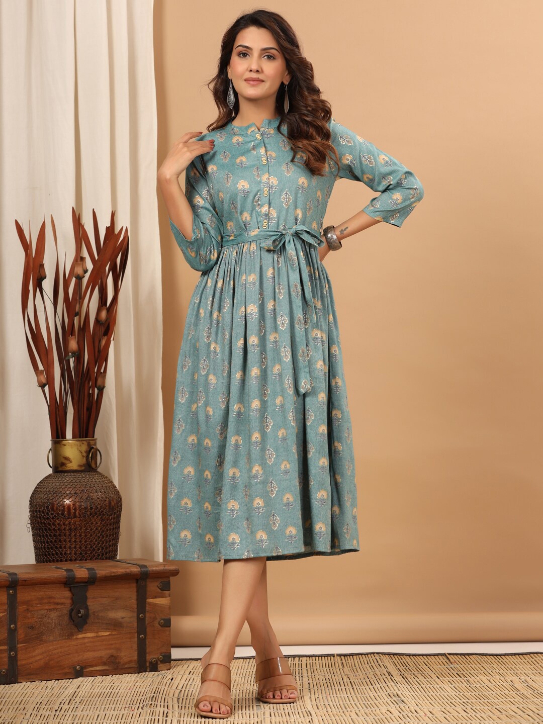 

ETHNIC STREET Ethnic Motifs Printed A-Line Midi Dress, Green
