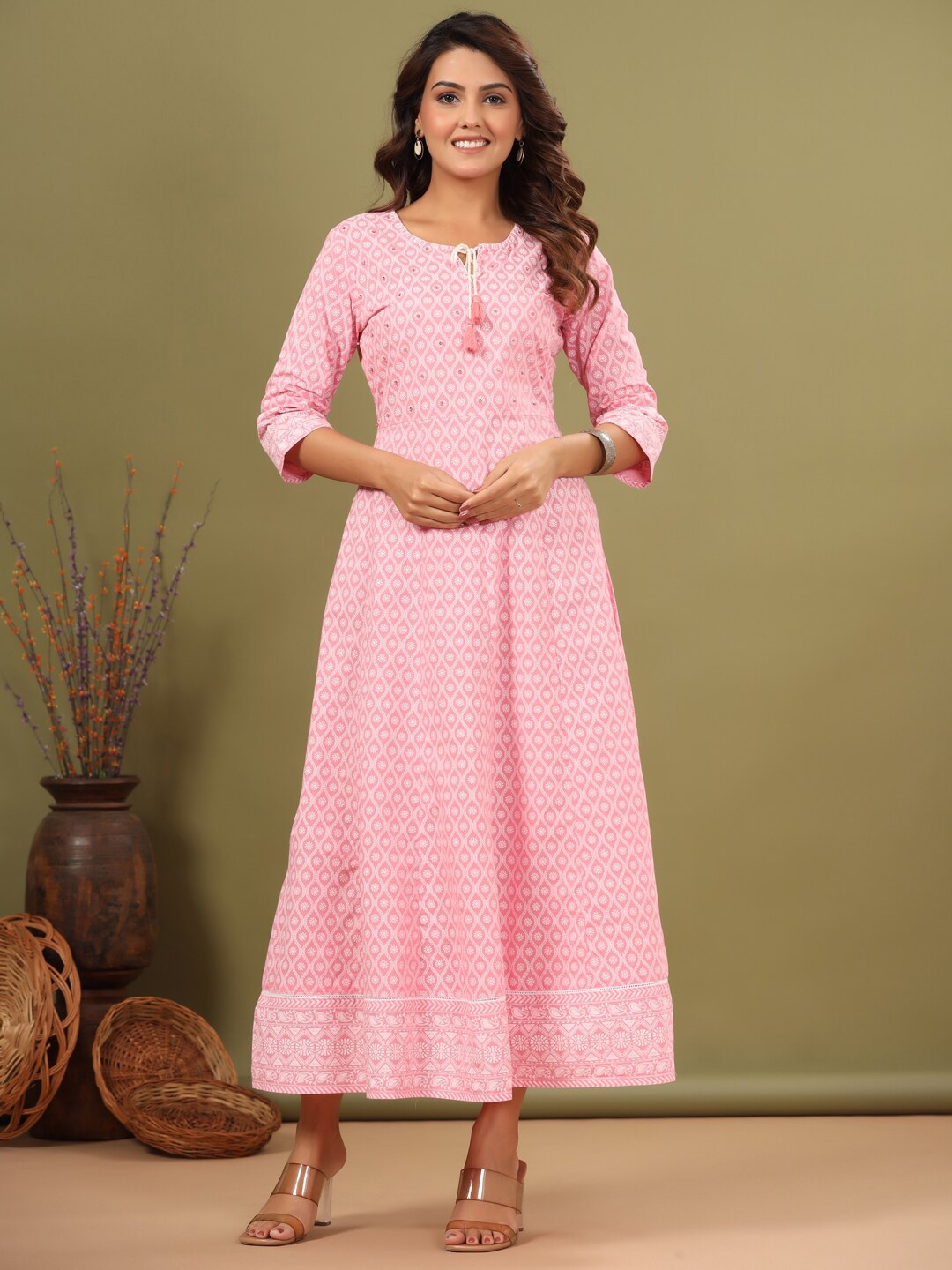 

ETHNIC STREET Ethnic Motifs Printed Tie Up Cotton Maxi Dress, Pink