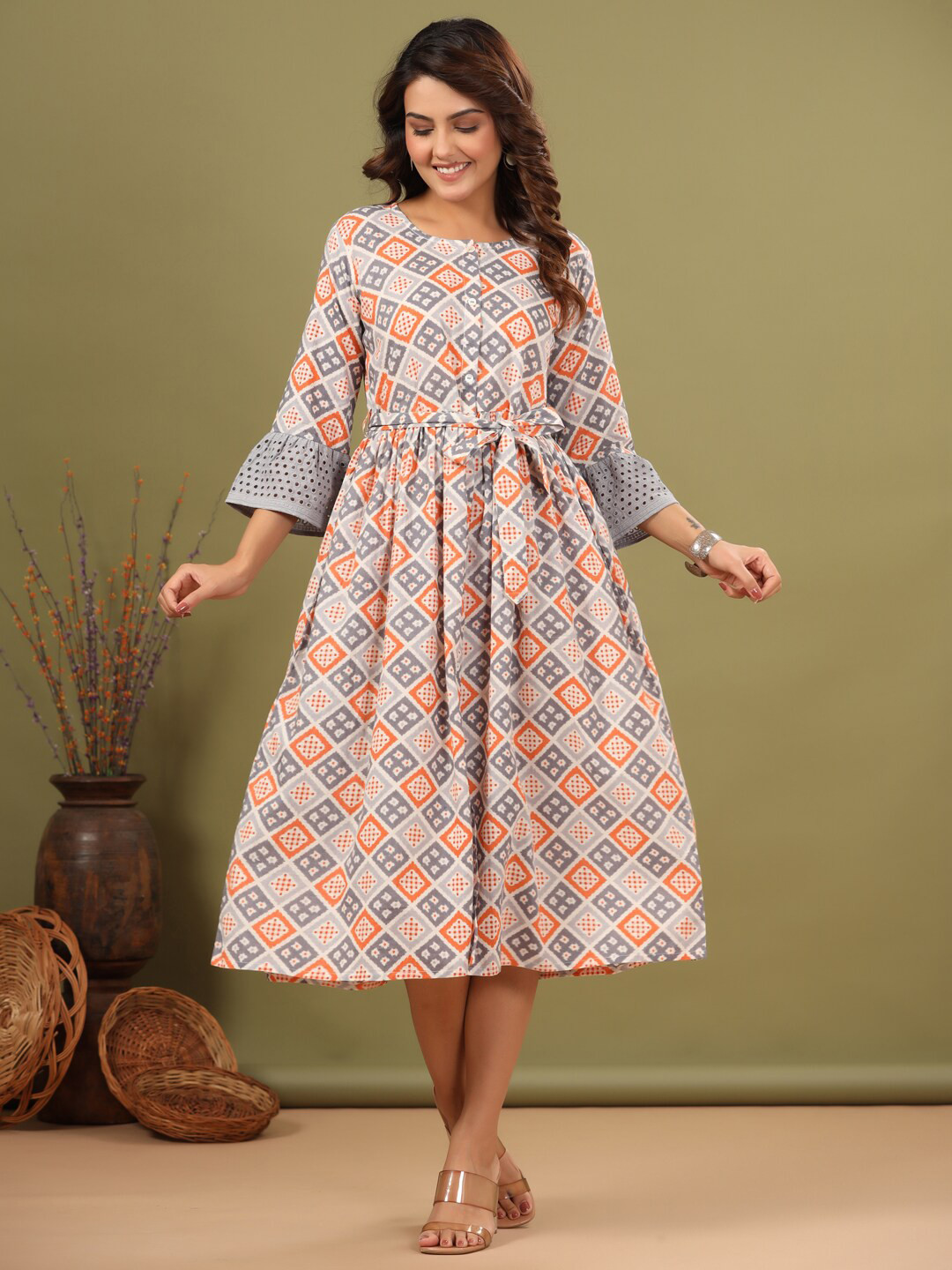 

ETHNIC STREET Floral Printed Cotton A-Line Midi Dress, White