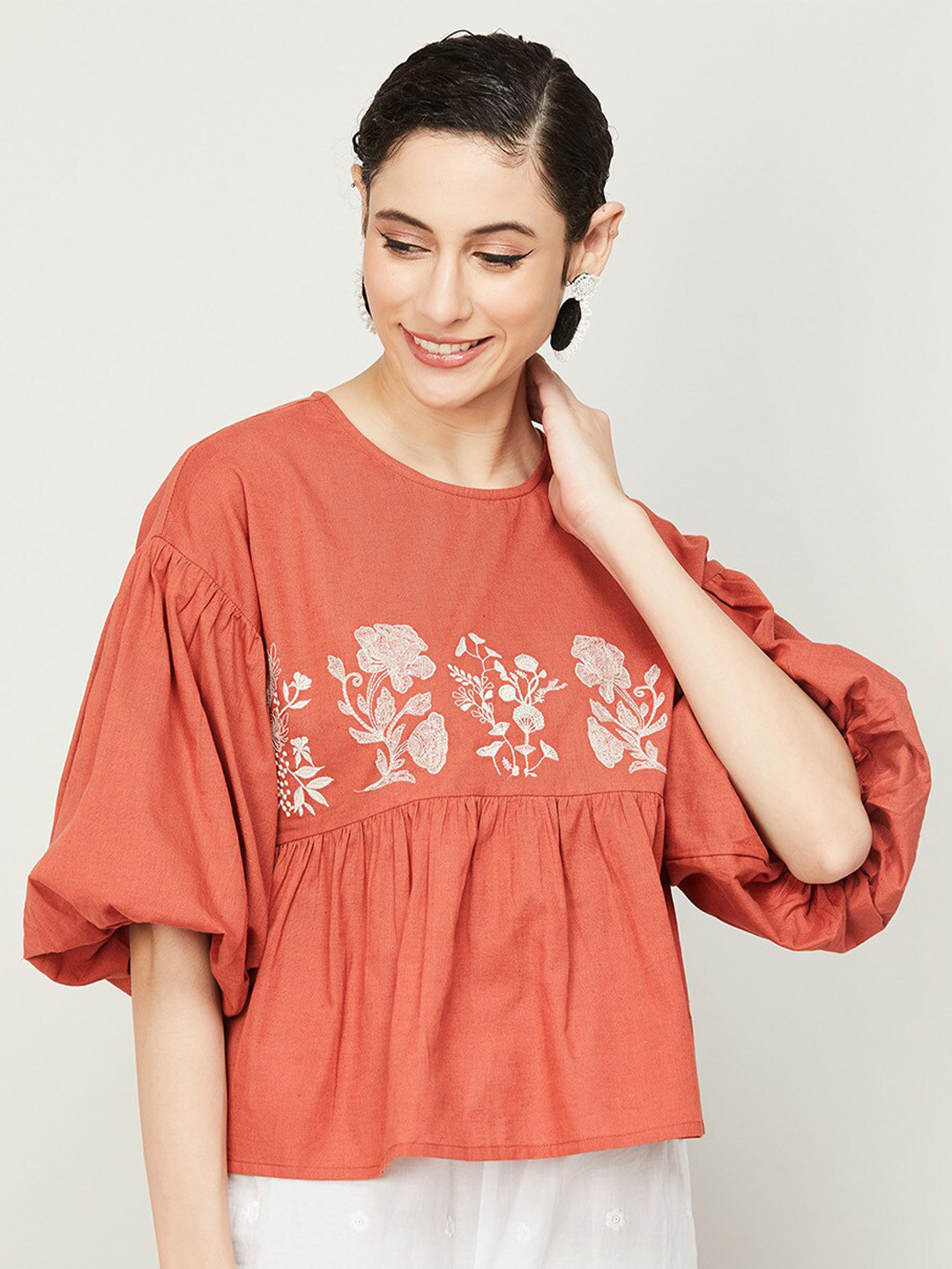 

Colour Me by Melange Floral Embroidered Top, Brown