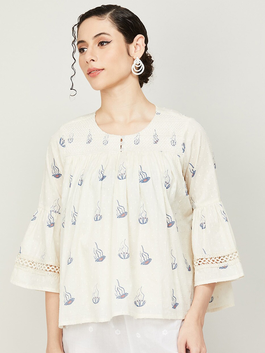 

Colour Me by Melange Floral Print Cotton Top, White