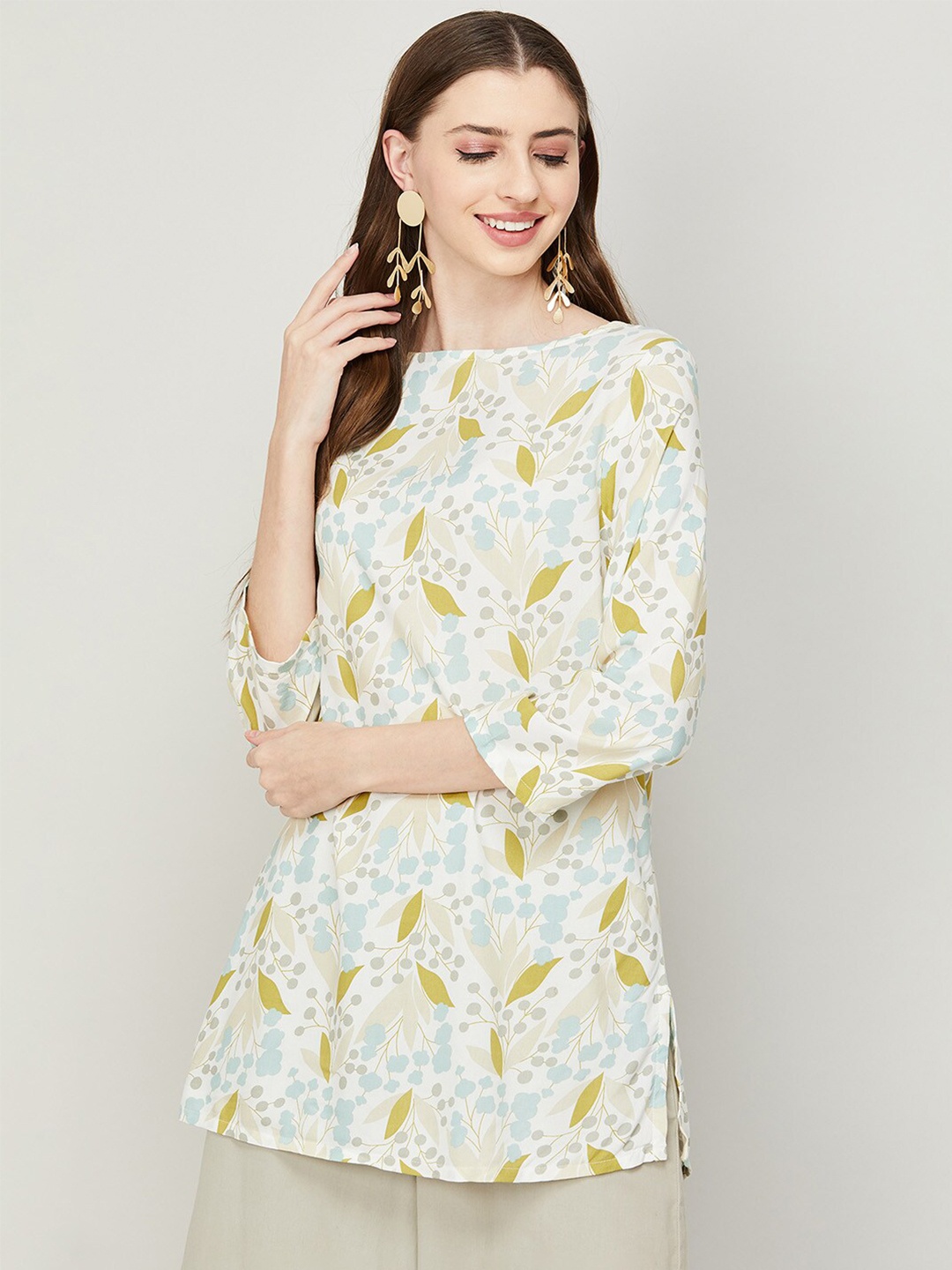 

Melange by Lifestyle Floral Printed Boat Neck Kurti, Beige