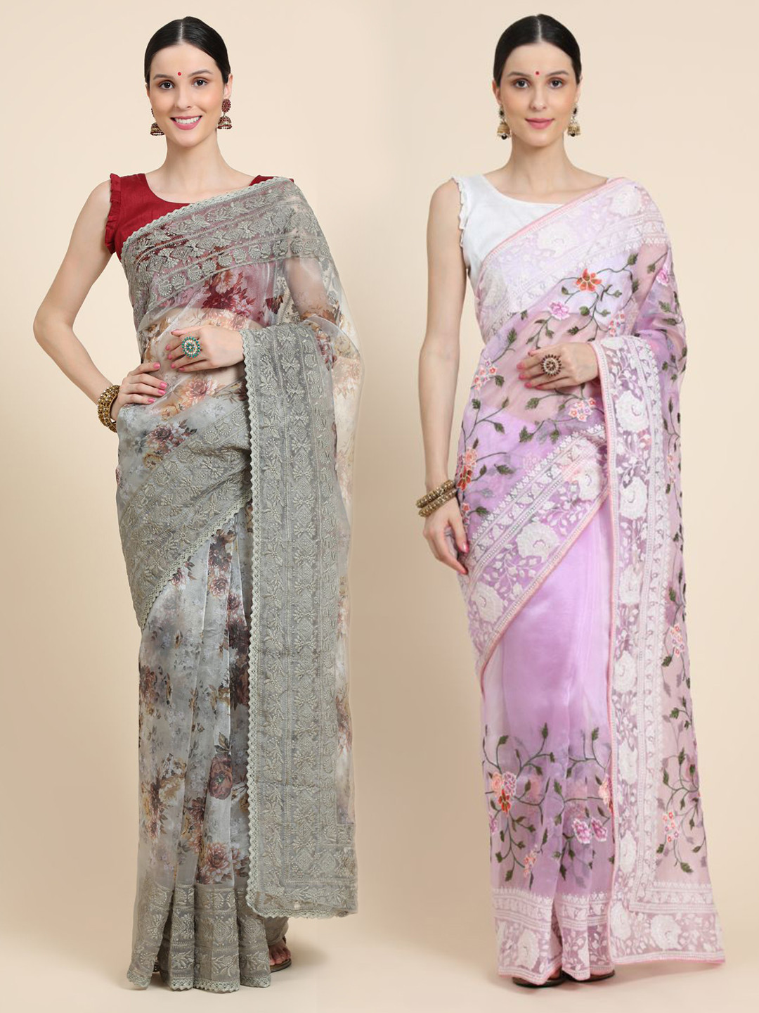 

Vastrasky Global Set Of 2 Floral Silk Cotton Mysore Silk Saree, Pink
