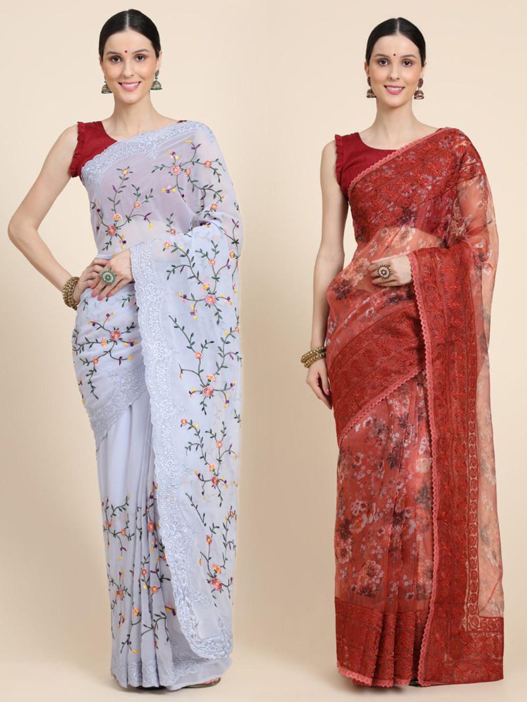 

Vastrasky Global Pack of 2 Floral Phulkari Silk Cotton Mysore Silk Saree, Red