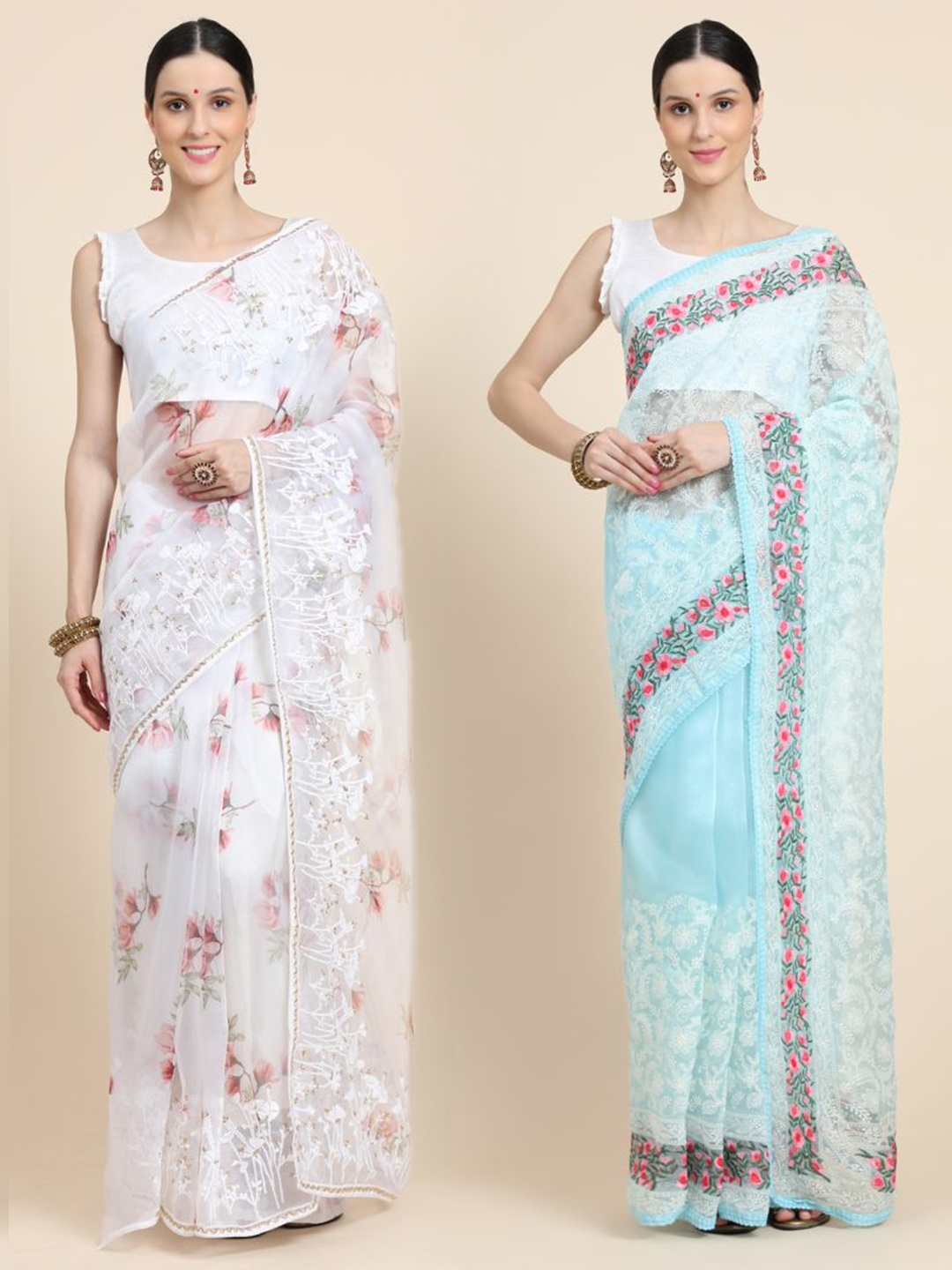 

Vastrasky Global Pack of 2 Floral Chikankari Silk Cotton Mysore Silk Saree, Blue