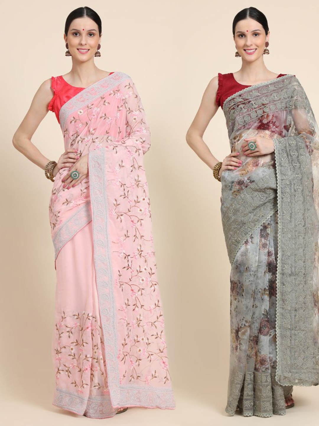 

Vastrasky Global Pack of 2 Floral Embroidered Silk Cotton Mysore Silk Saree, Pink