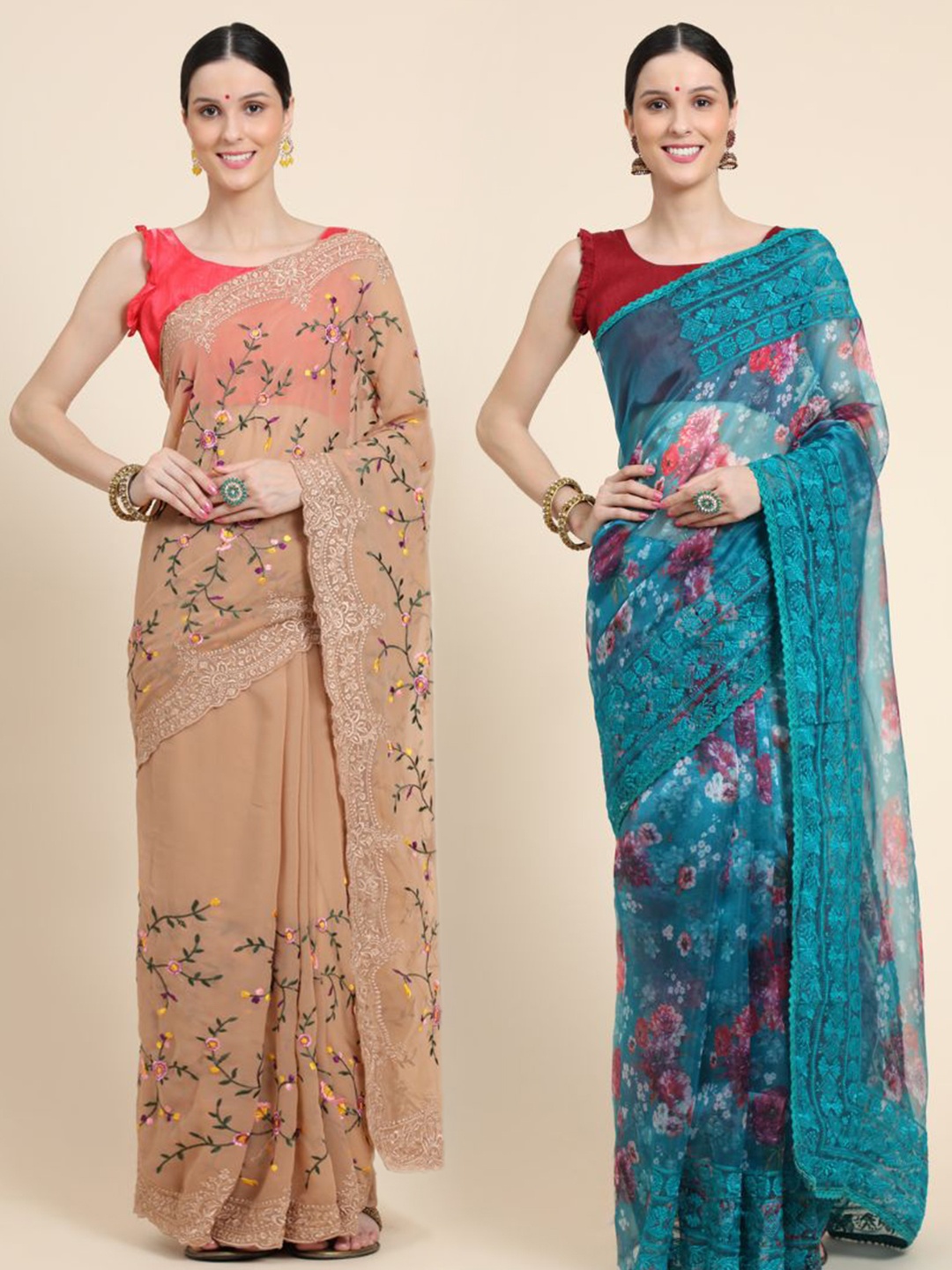 

Vastrasky Global Pack Of 2 Floral Phulkari Silk Cotton Mysore Silk Saree, Blue