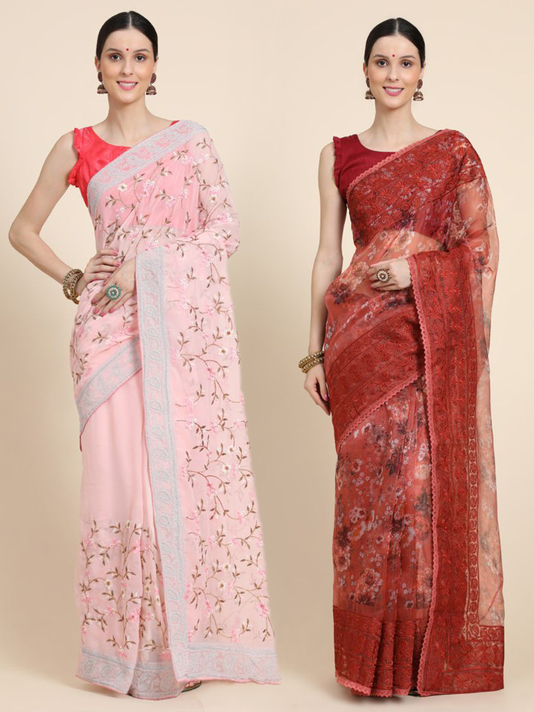 

Vastrasky Global Pack of 2 Floral Embroidered Silk Cotton Mysore Silk Saree, Pink