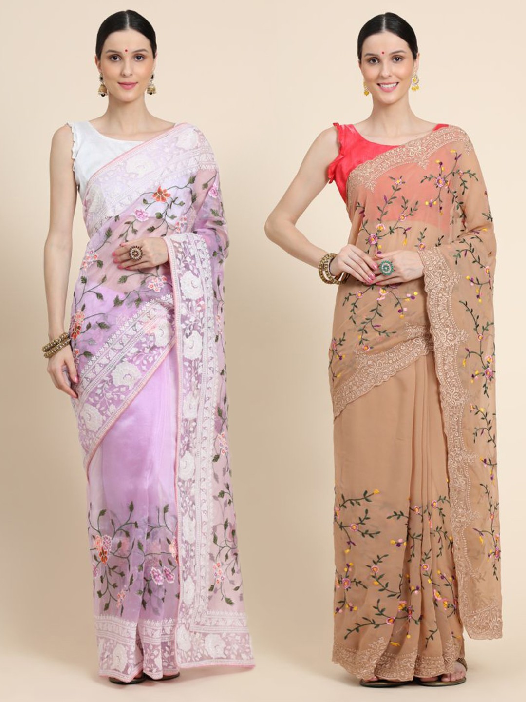 

Vastrasky Global Pack of 2 Floral Embroidered Silk Cotton Mysore Silk Saree, Pink