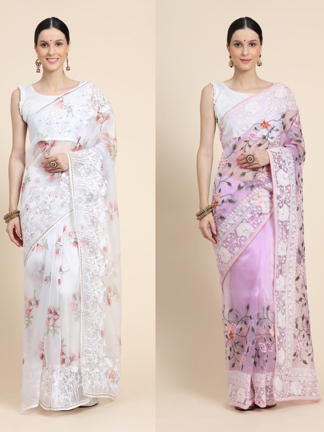 

Vastrasky Global Pack of 2 Floral Phulkari Silk Cotton Mysore Silk Saree, Purple