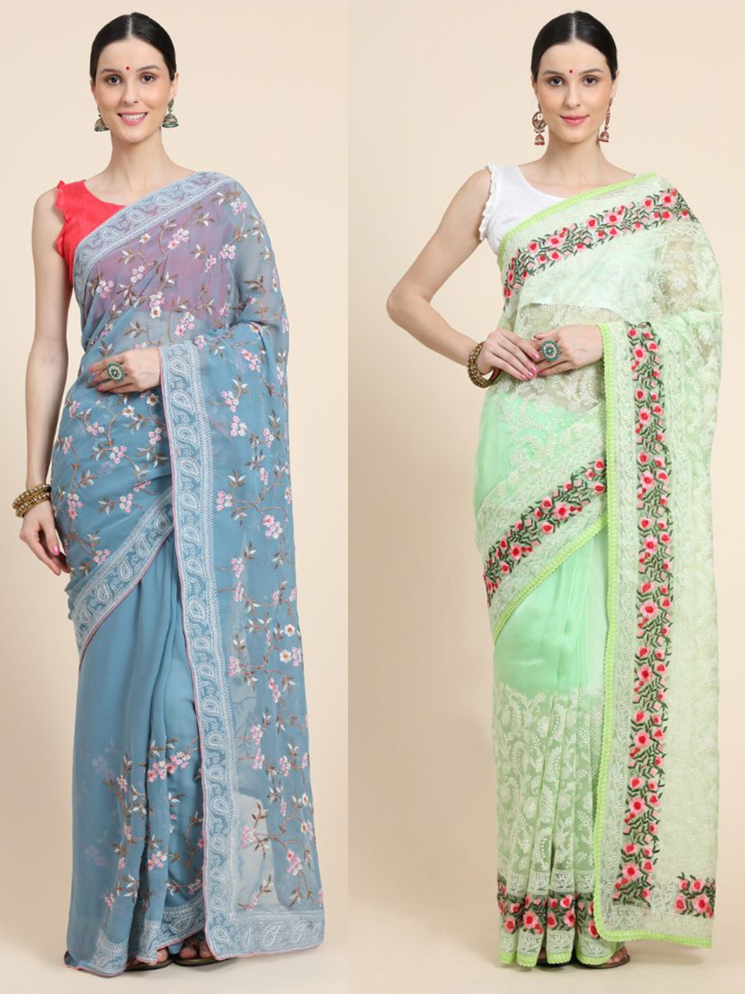 

Vastrasky Global Pack of 2 Floral Embroidered Mysore Silk Saree, Blue
