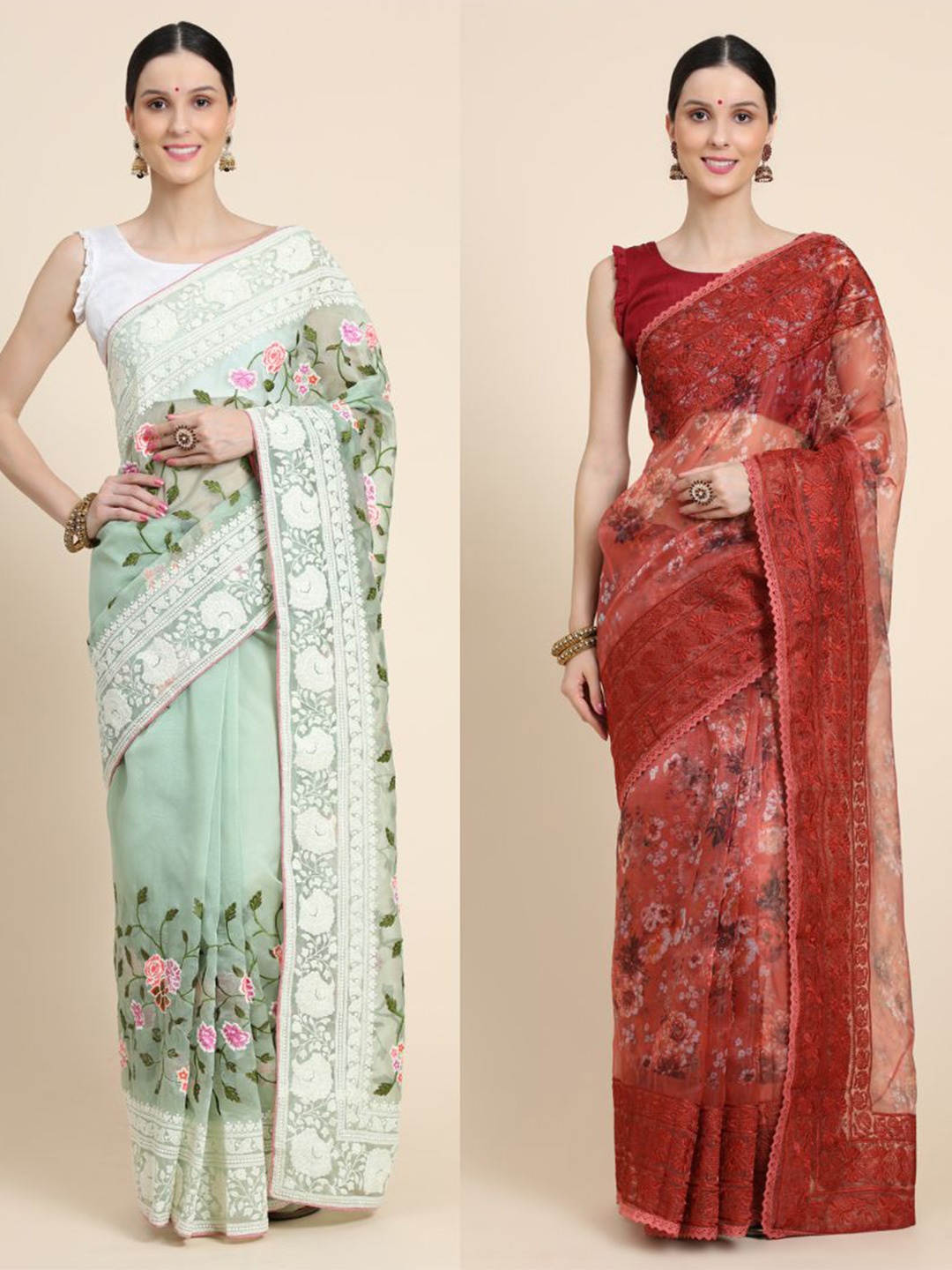 

Vastrasky Global Pack of 2 Floral Phulkari Mysore Silk Saree, Sea green