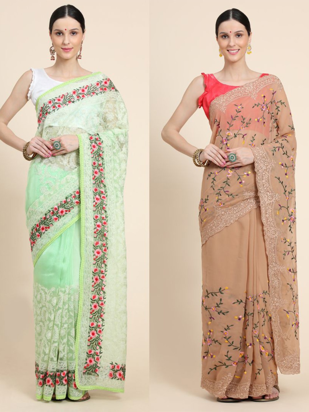 

Vastrasky Global Floral Chikankari Silk Cotton Mysore Silk Saree, Beige