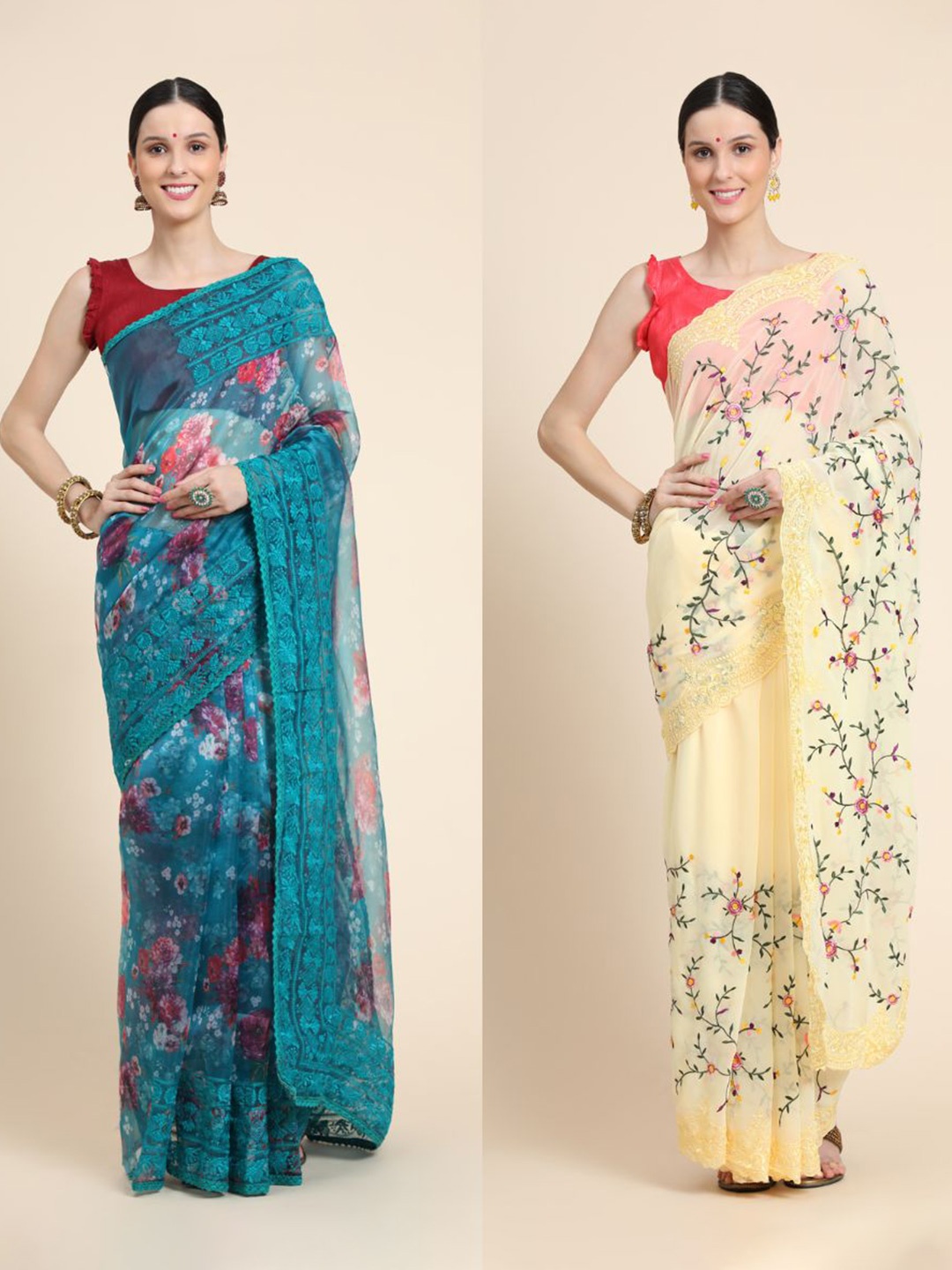 

Vastrasky Global Pack Of 2 Floral Embroidered Mysore Silk Saree, Yellow