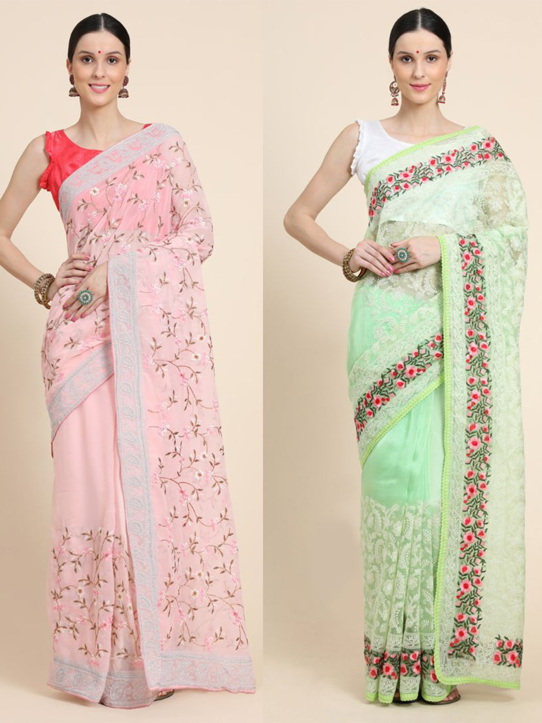 

Vastrasky Global Pink & Green Floral Embroidered Silk Cotton Mysore Silk Saree