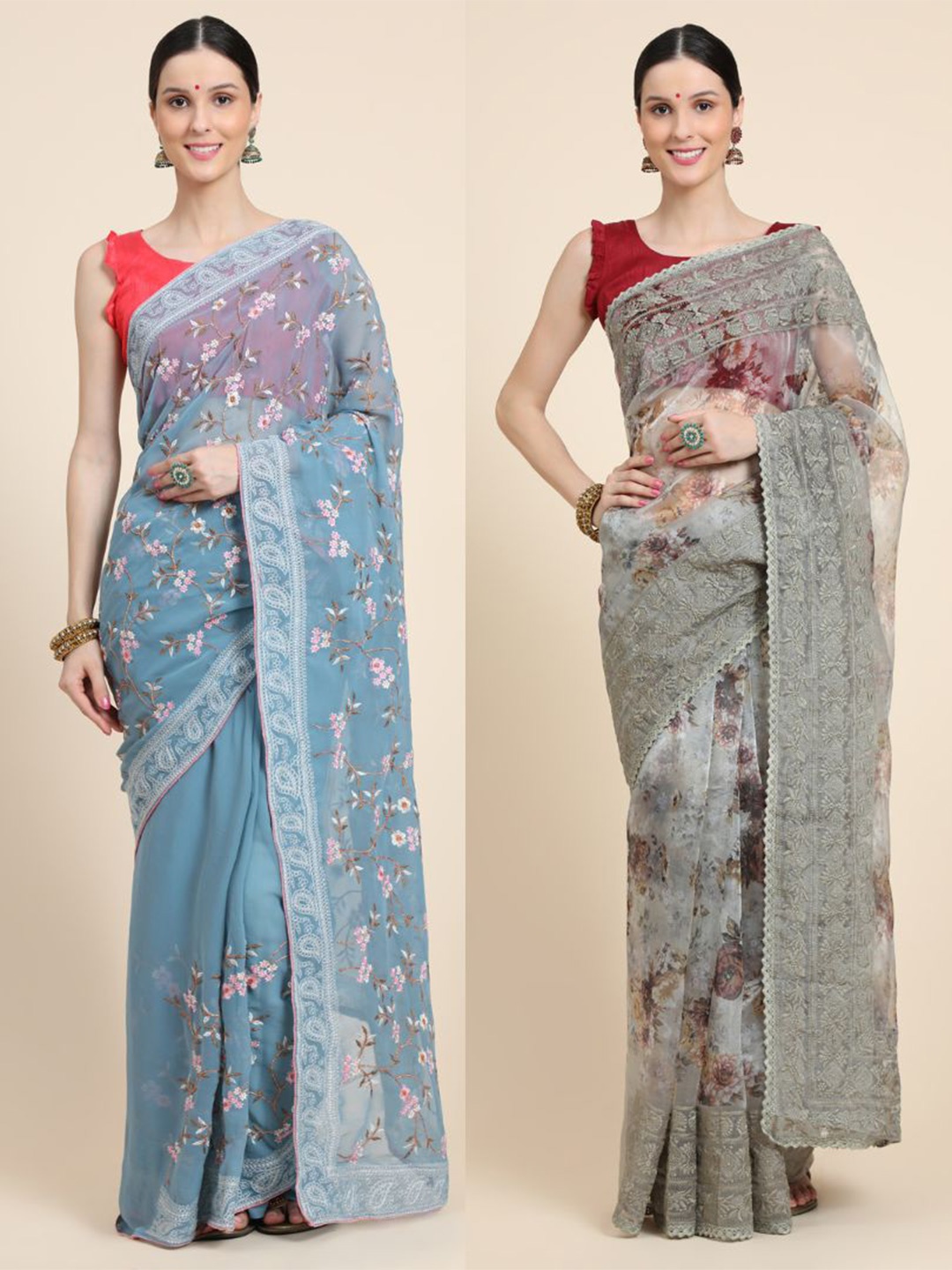 

Vastrasky Global Pack of 2 Floral Phulkari Silk Cotton Mysore Silk Saree, Blue