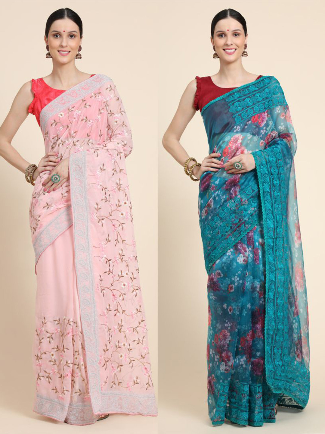 

Vastrasky Global Pack Of 2 Floral Embroidered Mysore Silk Saree, Pink