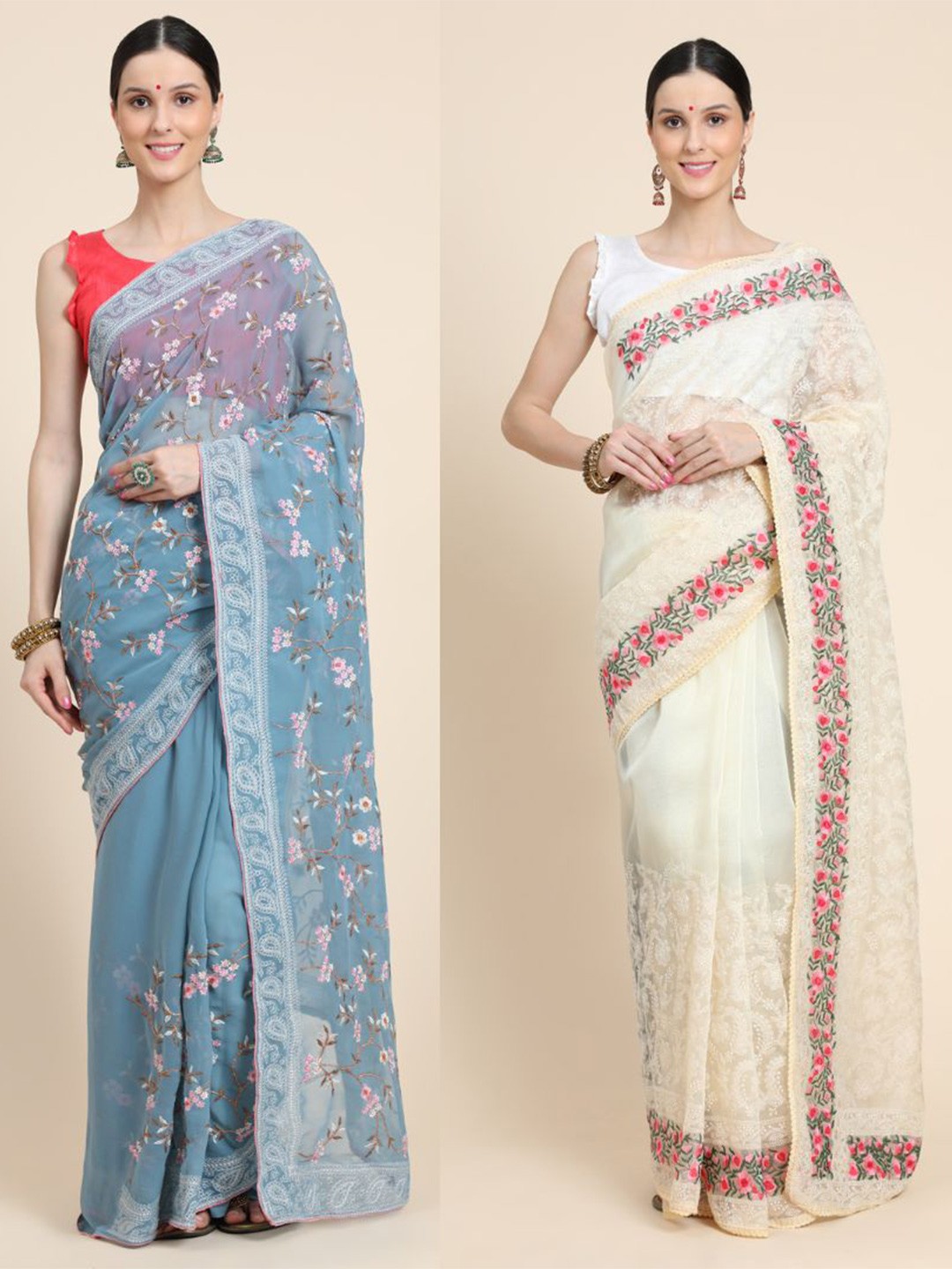 

Vastrasky Global Pack of 2 Floral Embroidered Mysore Silk Saree, Yellow