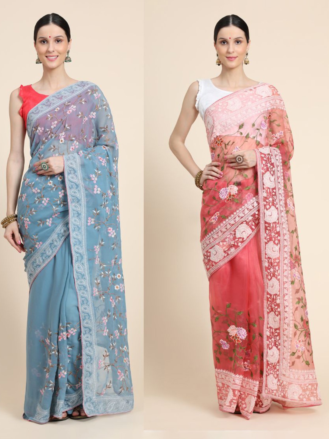 

Vastrasky Global Pack Of 2 Floral Embroidered Saree, Red