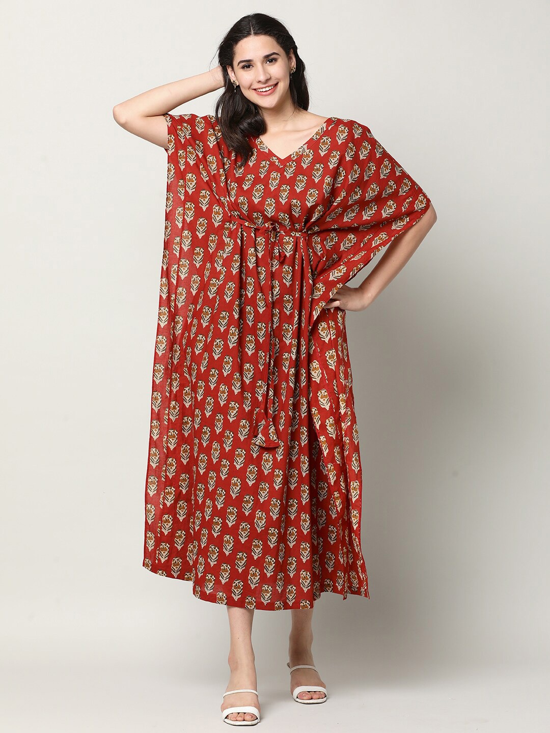 

mackly Ethnic Motifs Kaftan Midi Dress, Maroon