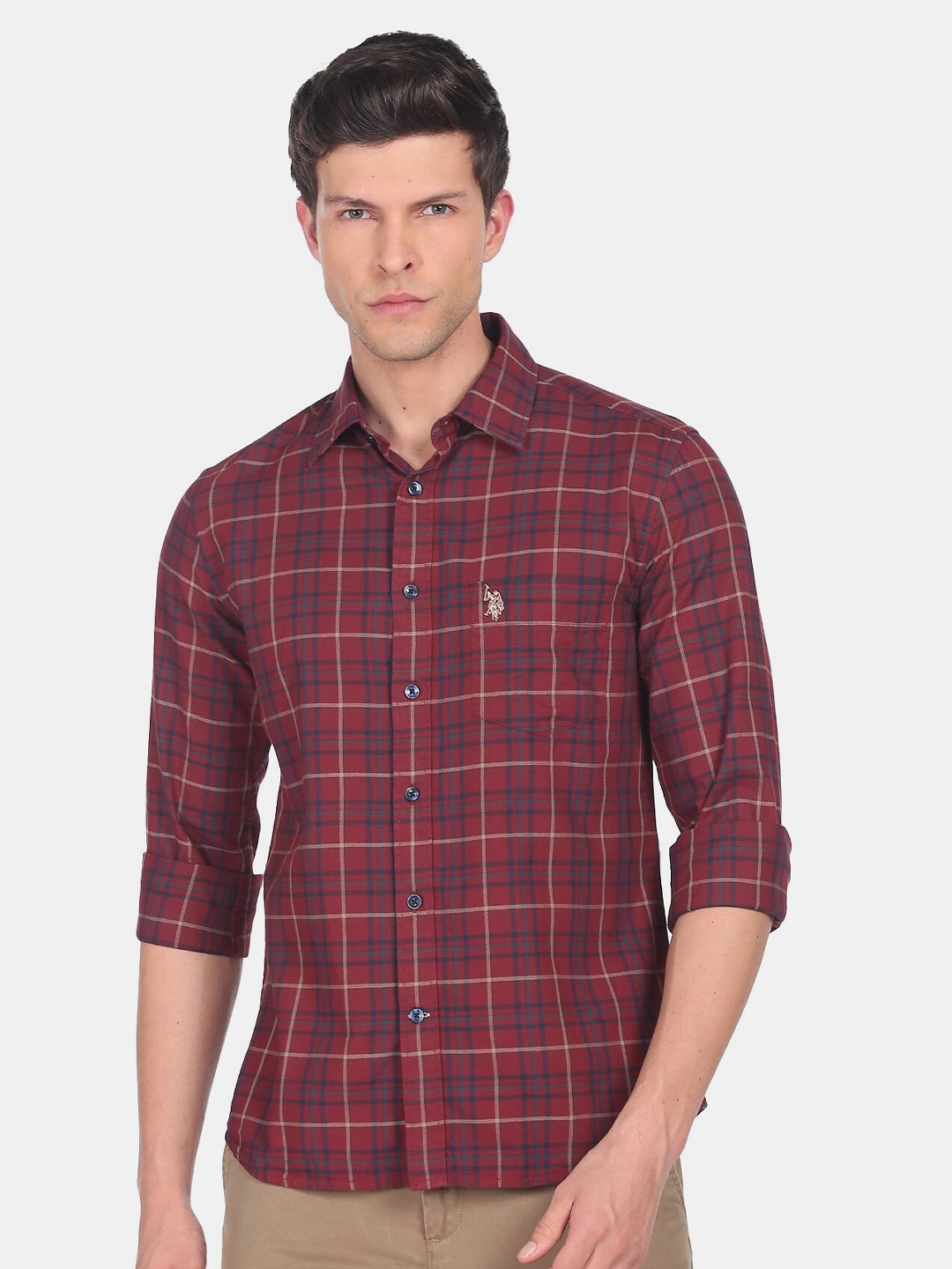 

U.S. Polo Assn. Men Tartan Checked Casual Cotton Shirt, Maroon