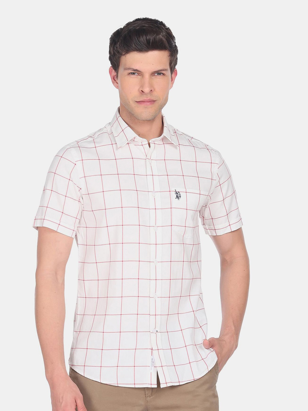 

U.S. Polo Assn. Men Windowpane Checked Casual Cotton Shirt, White