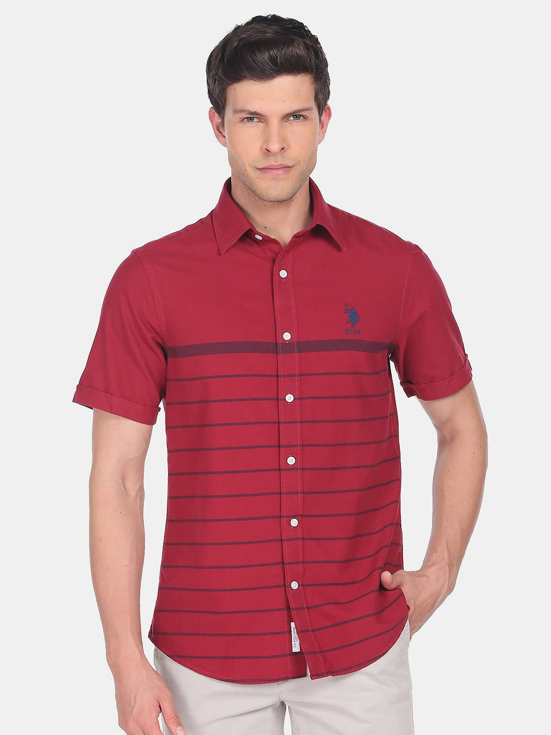 

U S Polo Assn Men Horizontal Stripes Striped Casual Shirt, Red