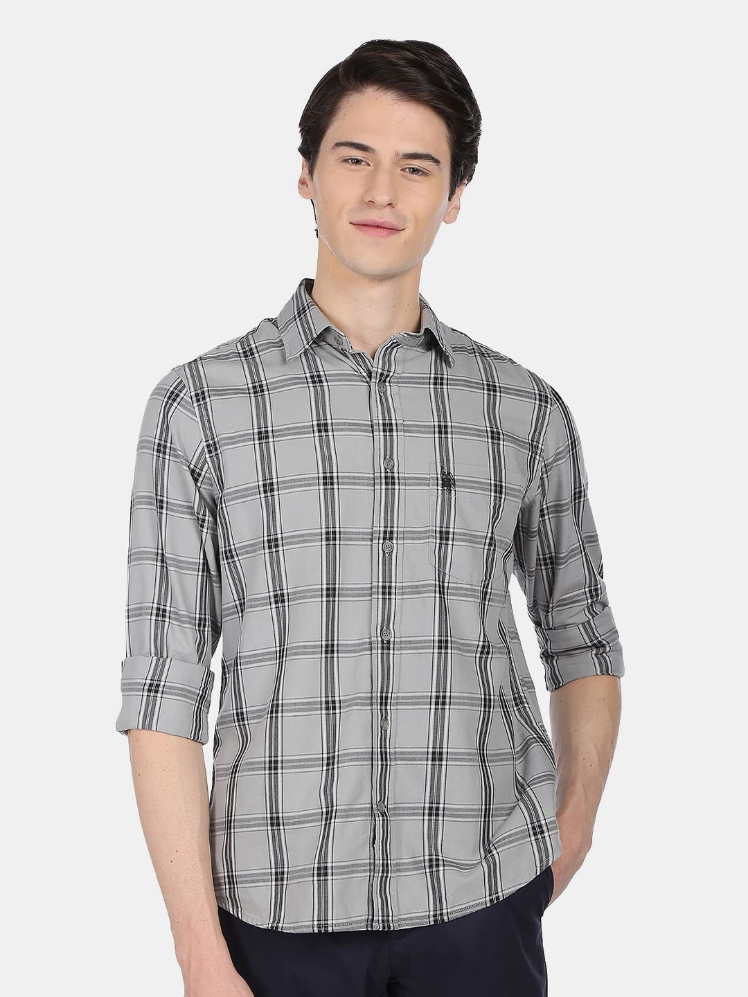 

U.S. Polo Assn. Men Windowpane Checked Casual Shirt, Grey