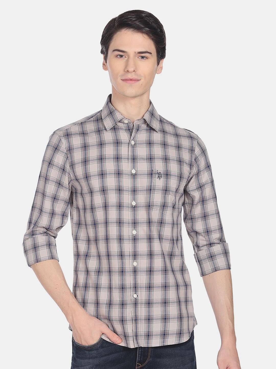 

U.S. Polo Assn. Men Tartan Checks Checked Casual Cotton Shirt, Beige