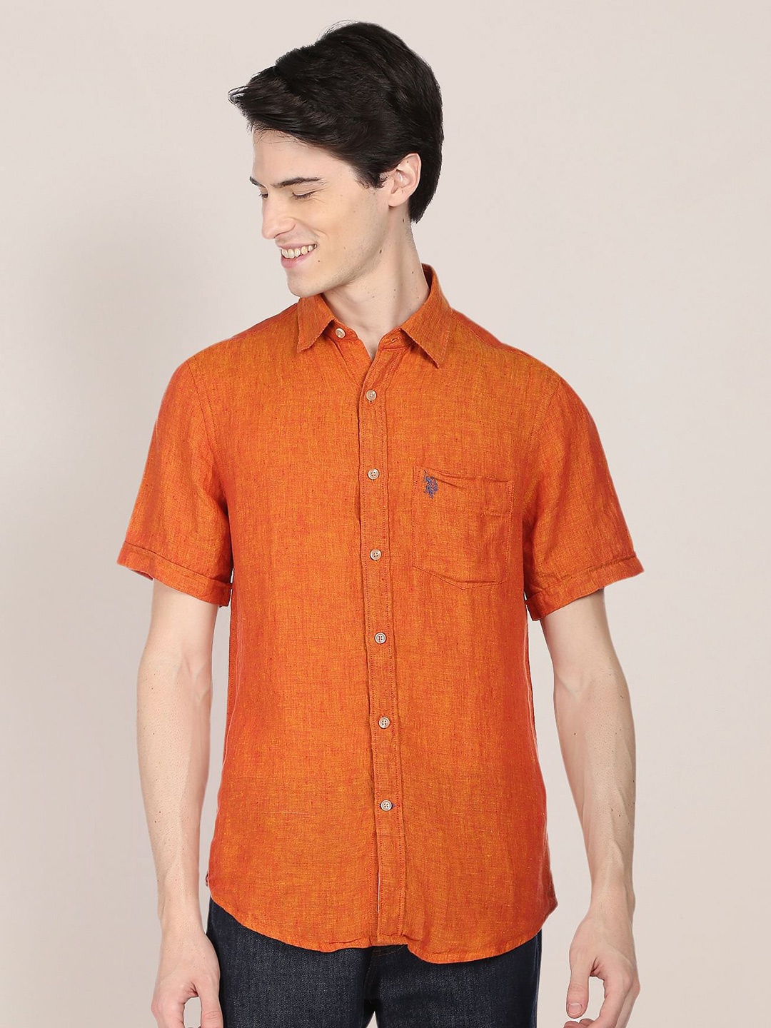 

U.S. Polo Assn. Men Casual Linen Shirt, Orange