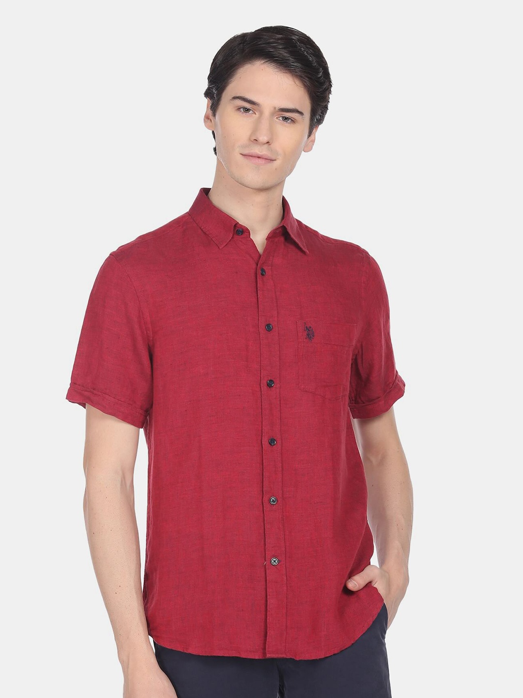 

U.S. Polo Assn. Men Casual Linen Shirt, Maroon